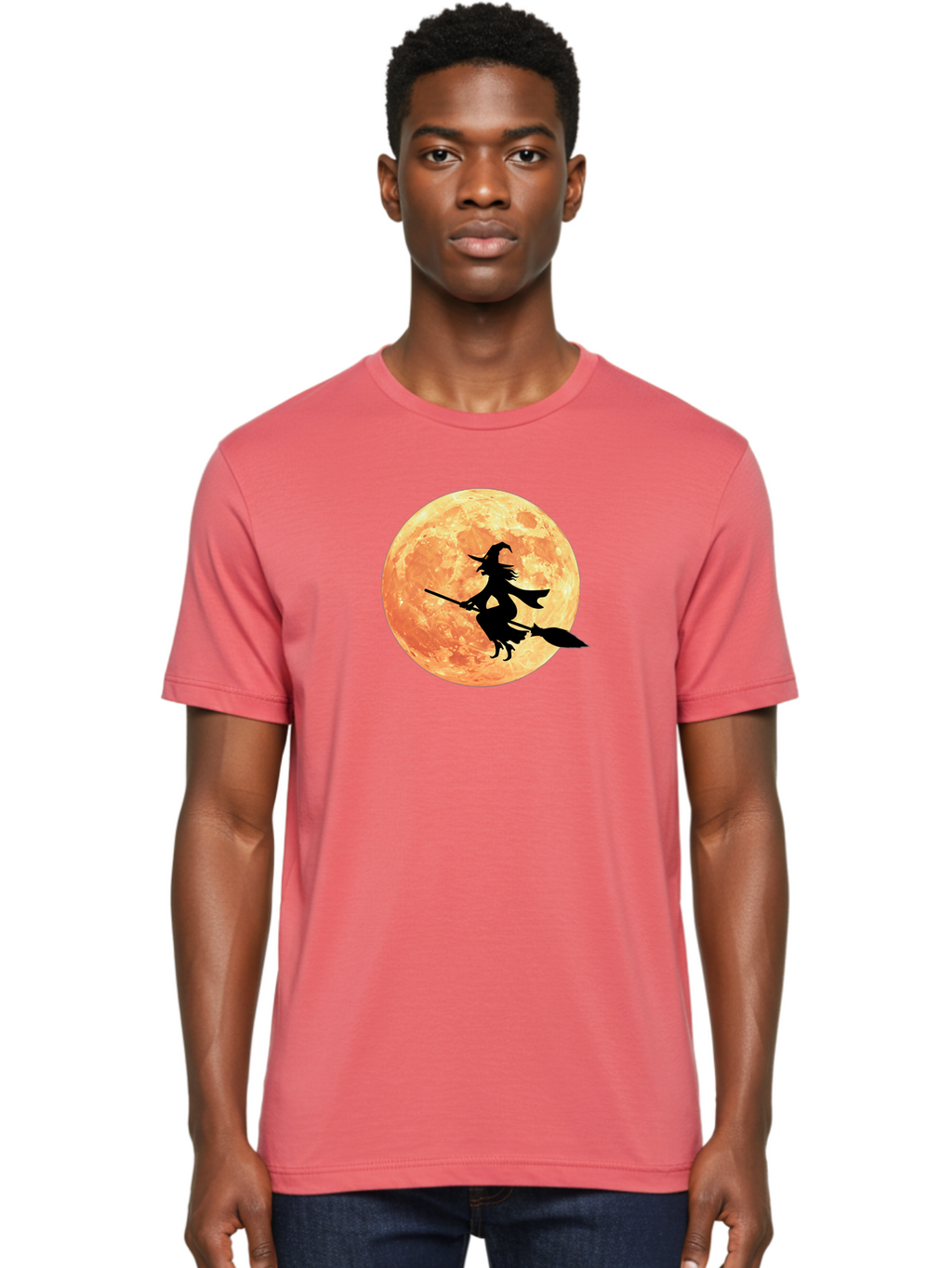 Witch-Flying-On-Broomstick Men'S Graphic Tee, 100% Cotton, Comfortable Casual Summer Wear, Machine Washable, Witch Flying On Broomstick, Full Moon, Orange Moon, Silhouette, Magic, Halloween, Witchcraft, Flying Witch, Mystical, Bad923