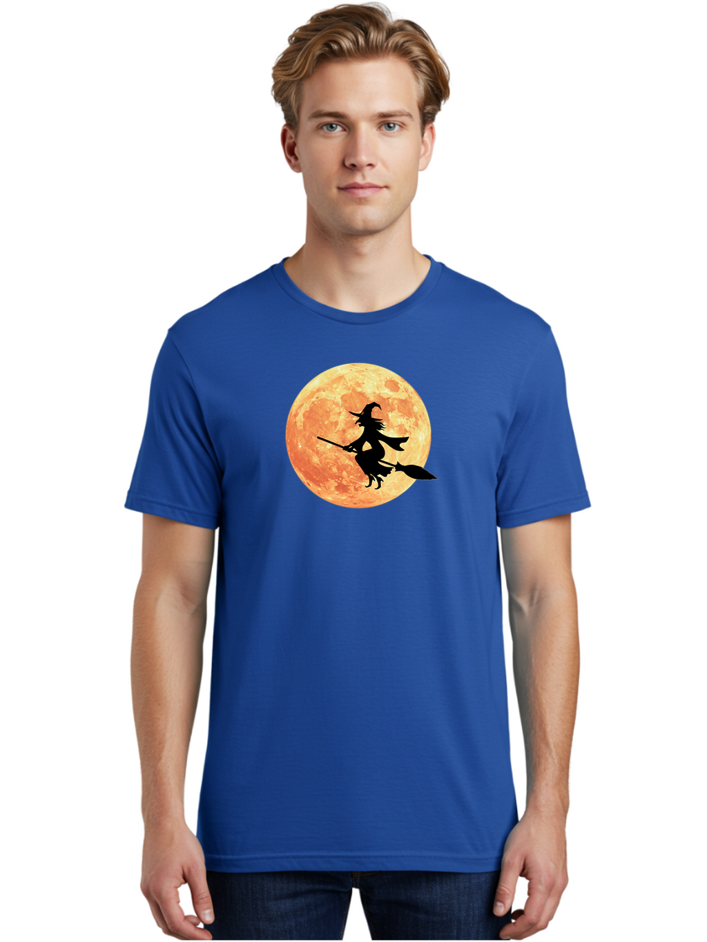 Witch-Flying-On-Broomstick Men'S Graphic Tee, 100% Cotton, Comfortable Casual Summer Wear, Machine Washable, Witch Flying On Broomstick, Full Moon, Orange Moon, Silhouette, Magic, Halloween, Witchcraft, Flying Witch, Mystical, Bad923