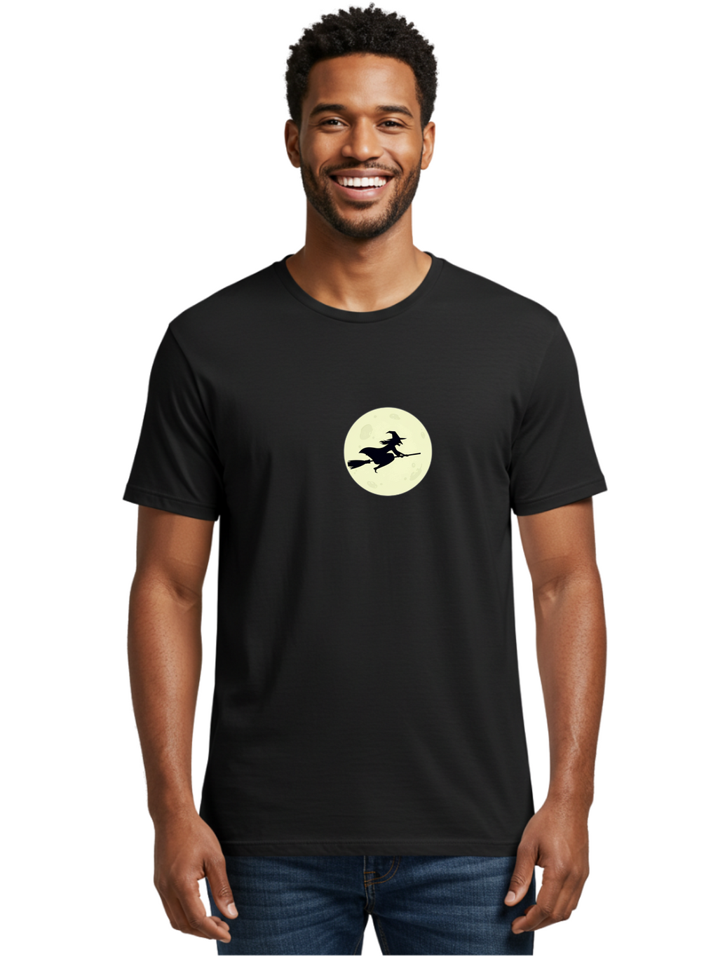 Witch-Flying-On-Moon Men'S Graphic Tee, 100% Cotton, Comfortable Casual Summer Wear, Machine Washable, Witch On Broomstick, Flying Witch, Halloween Symbol, Magic Spell, Mystical Night, Full Moon, Black Silhouette, Witchcraft, Bad924