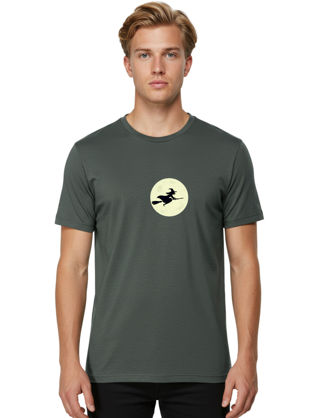 Witch-Flying-On-Moon Men'S Graphic Tee, 100% Cotton, Comfortable Casual Summer Wear, Machine Washable, Witch On Broomstick, Flying Witch, Halloween Symbol, Magic Spell, Mystical Night, Full Moon, Black Silhouette, Witchcraft, Bad924