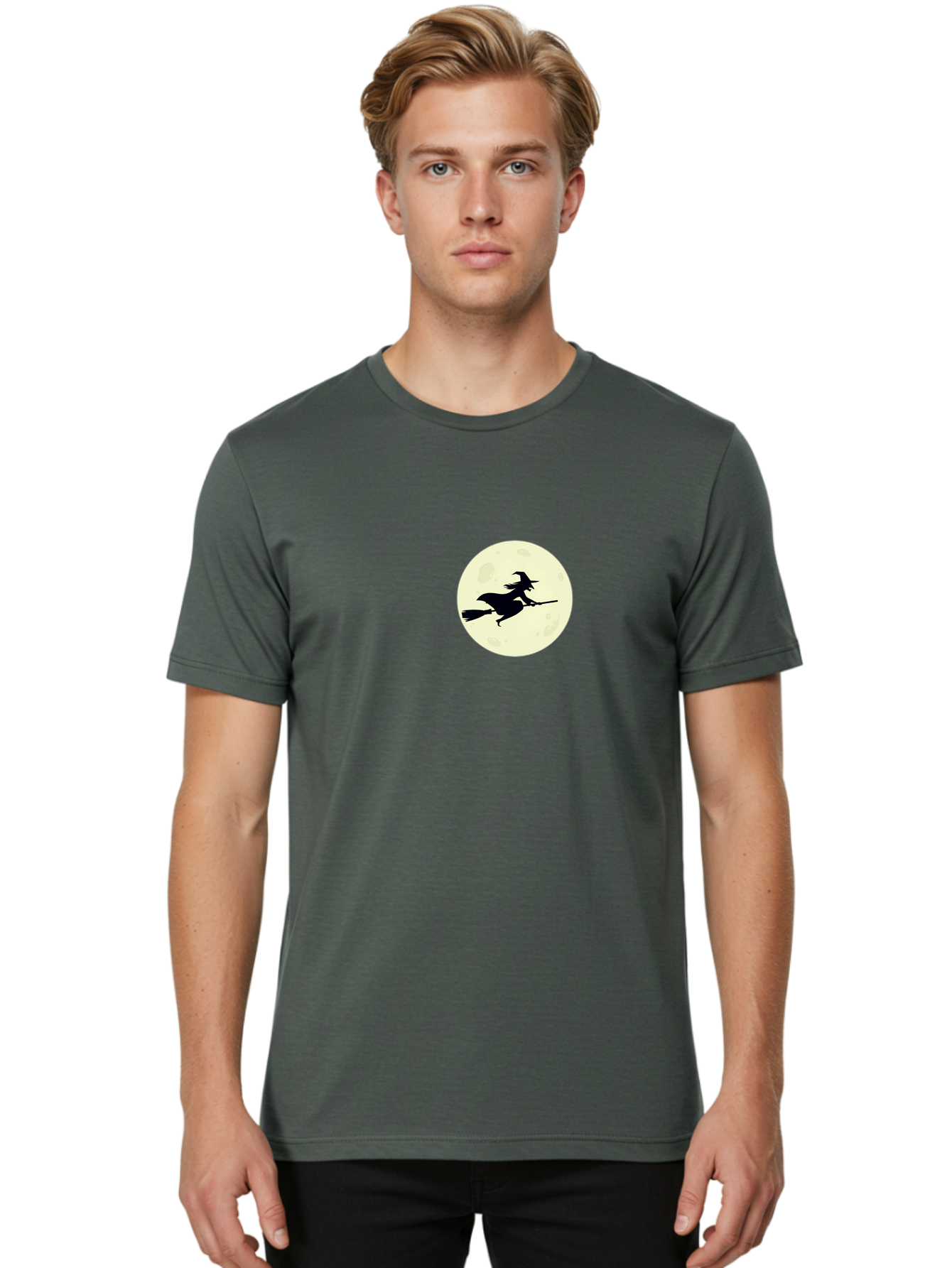 Witch-Flying-On-Moon Men'S Graphic Tee, 100% Cotton, Comfortable Casual Summer Wear, Machine Washable, Witch On Broomstick, Flying Witch, Halloween Symbol, Magic Spell, Mystical Night, Full Moon, Black Silhouette, Witchcraft, Bad924