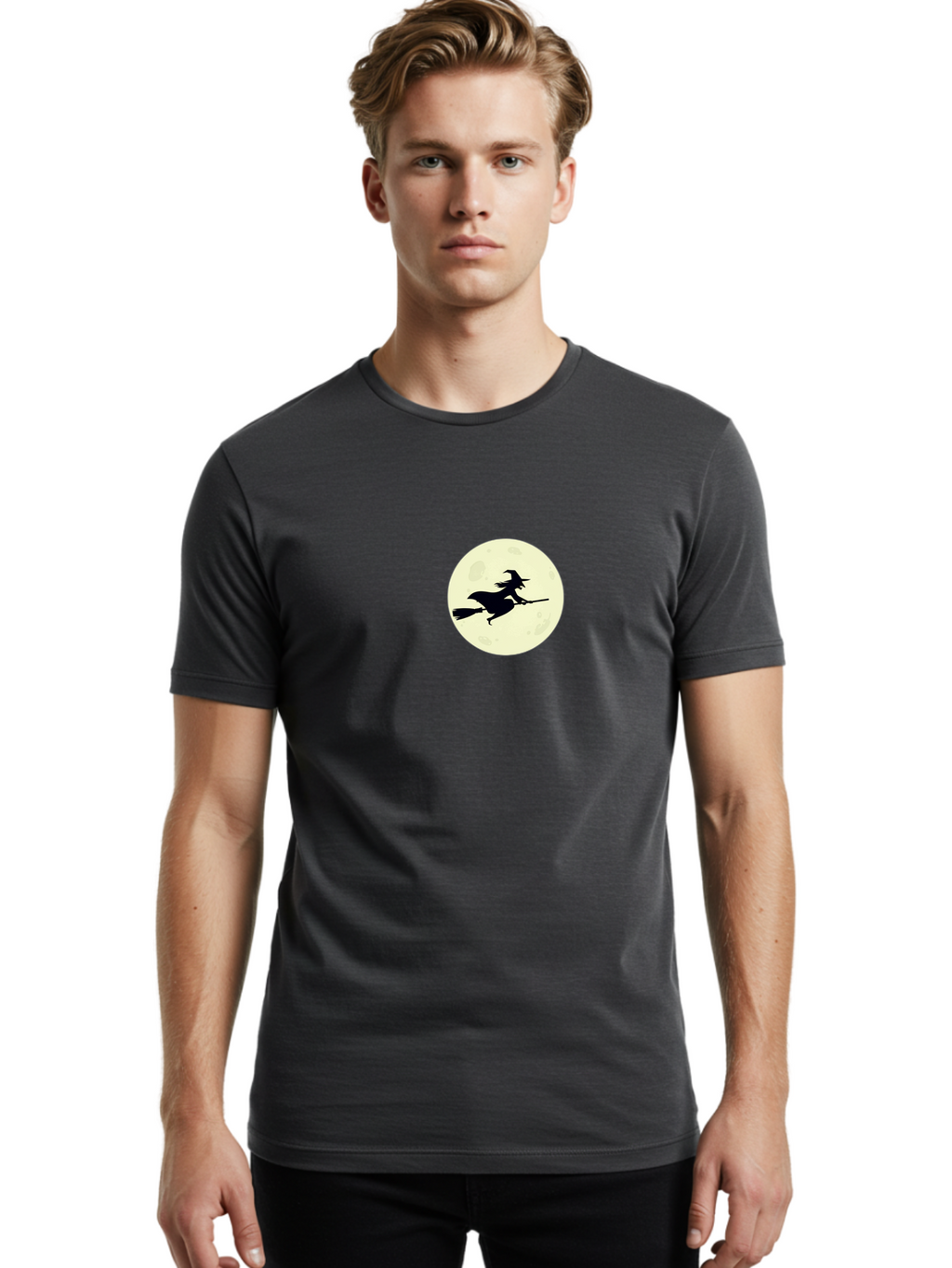 Witch-Flying-On-Moon Men'S Graphic Tee, 100% Cotton, Comfortable Casual Summer Wear, Machine Washable, Witch On Broomstick, Flying Witch, Halloween Symbol, Magic Spell, Mystical Night, Full Moon, Black Silhouette, Witchcraft, Bad924
