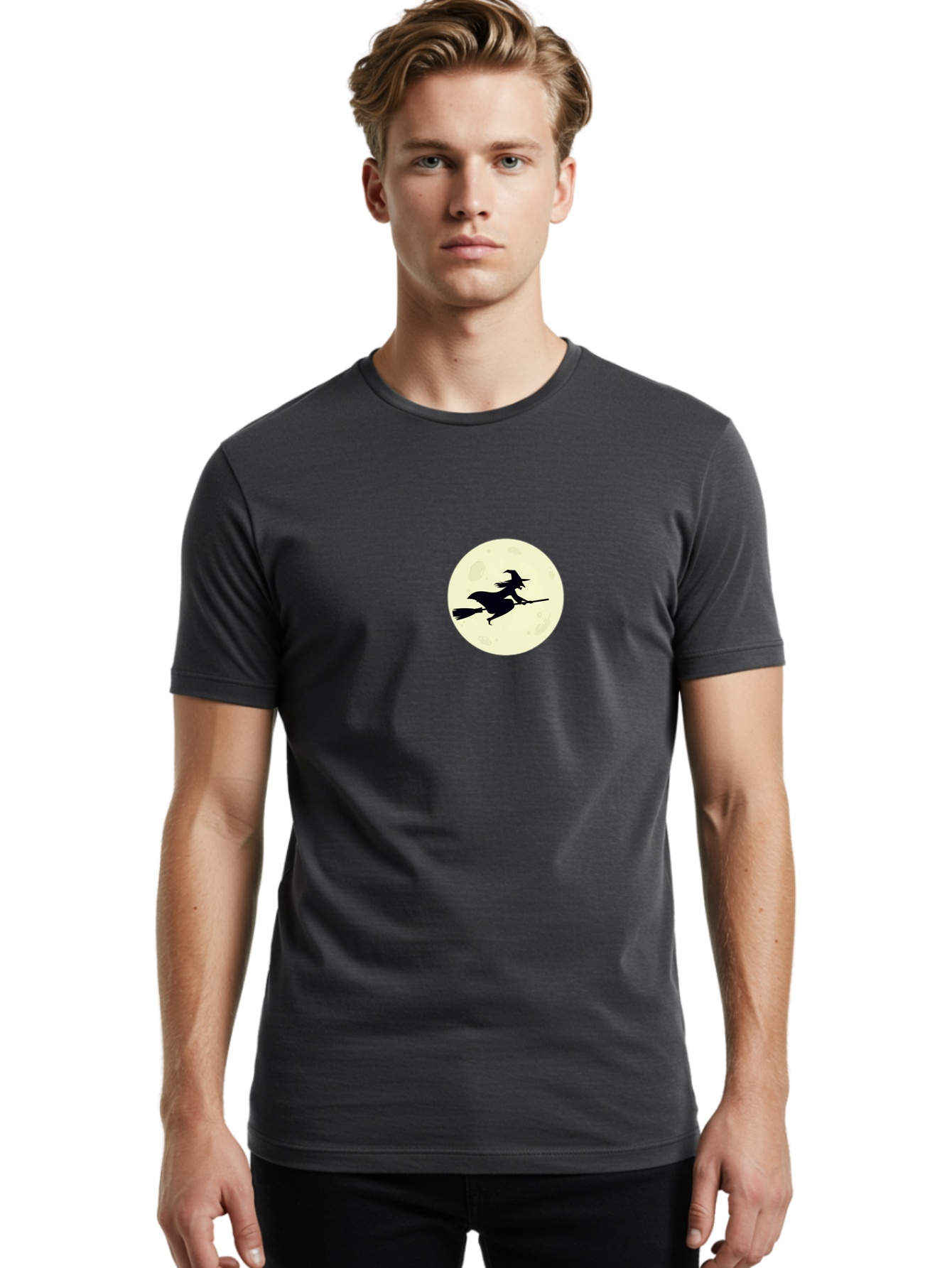 Witch-Flying-On-Moon Men'S Graphic Tee, 100% Cotton, Comfortable Casual Summer Wear, Machine Washable, Witch On Broomstick, Flying Witch, Halloween Symbol, Magic Spell, Mystical Night, Full Moon, Black Silhouette, Witchcraft, Bad924