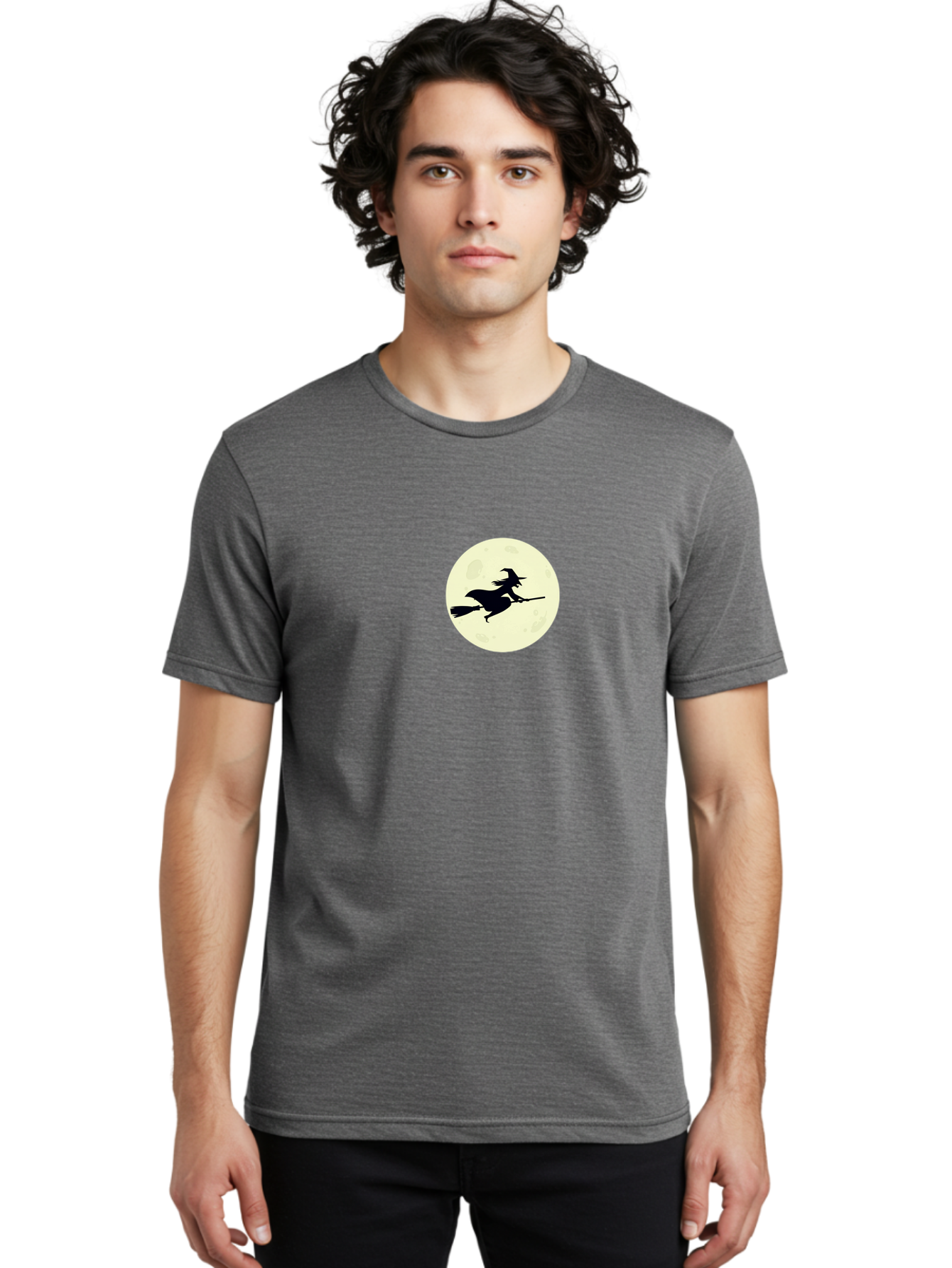 Witch-Flying-On-Moon Men'S Graphic Tee, 100% Cotton, Comfortable Casual Summer Wear, Machine Washable, Witch On Broomstick, Flying Witch, Halloween Symbol, Magic Spell, Mystical Night, Full Moon, Black Silhouette, Witchcraft, Bad924
