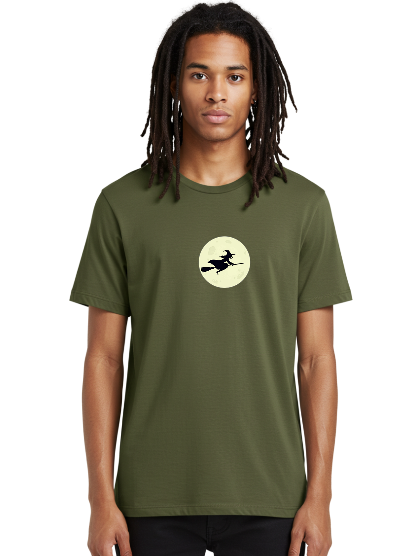 Witch-Flying-On-Moon Men'S Graphic Tee, 100% Cotton, Comfortable Casual Summer Wear, Machine Washable, Witch On Broomstick, Flying Witch, Halloween Symbol, Magic Spell, Mystical Night, Full Moon, Black Silhouette, Witchcraft, Bad924
