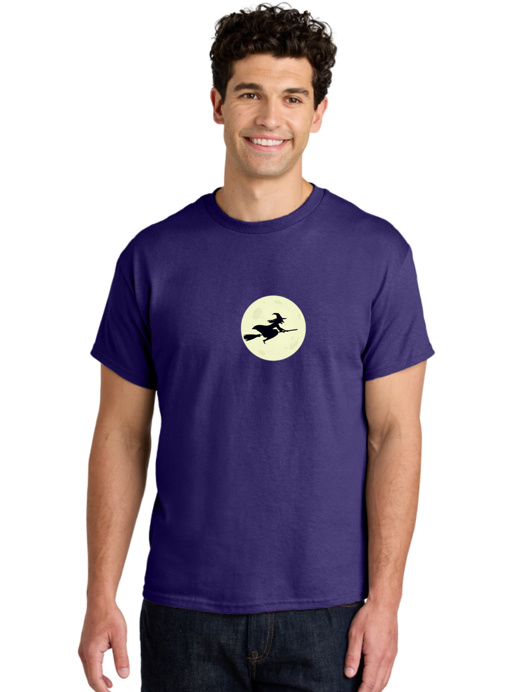 Witch-Flying-On-Moon Men'S Graphic Tee, 100% Cotton, Comfortable Casual Summer Wear, Machine Washable, Witch On Broomstick, Flying Witch, Halloween Symbol, Magic Spell, Mystical Night, Full Moon, Black Silhouette, Witchcraft, Bad924