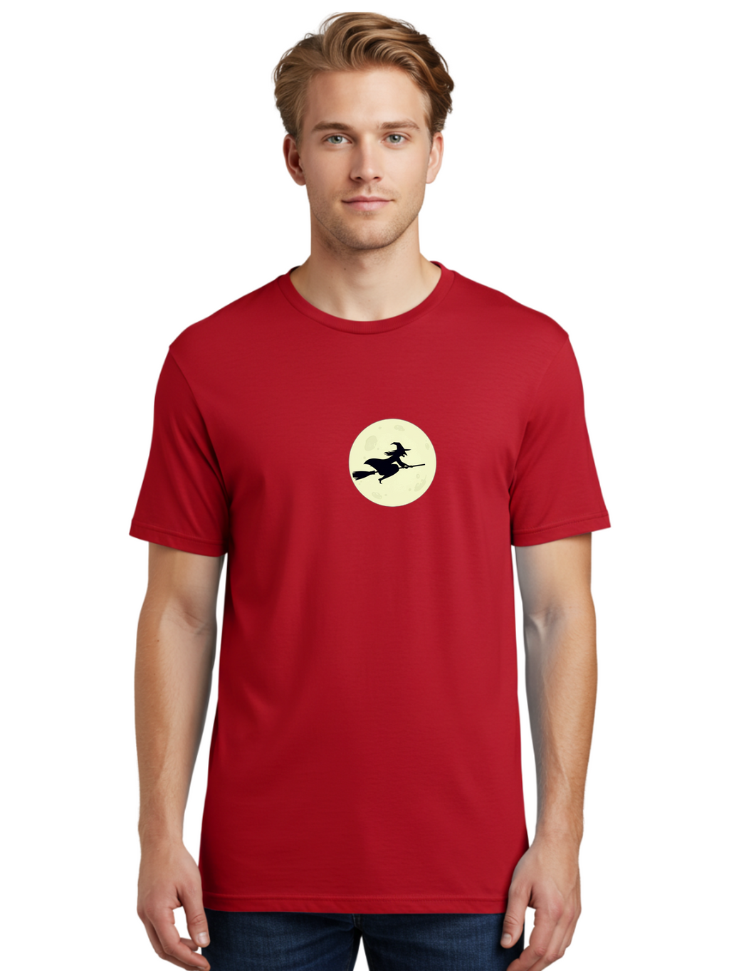 Witch-Flying-On-Moon Men'S Graphic Tee, 100% Cotton, Comfortable Casual Summer Wear, Machine Washable, Witch On Broomstick, Flying Witch, Halloween Symbol, Magic Spell, Mystical Night, Full Moon, Black Silhouette, Witchcraft, Bad924