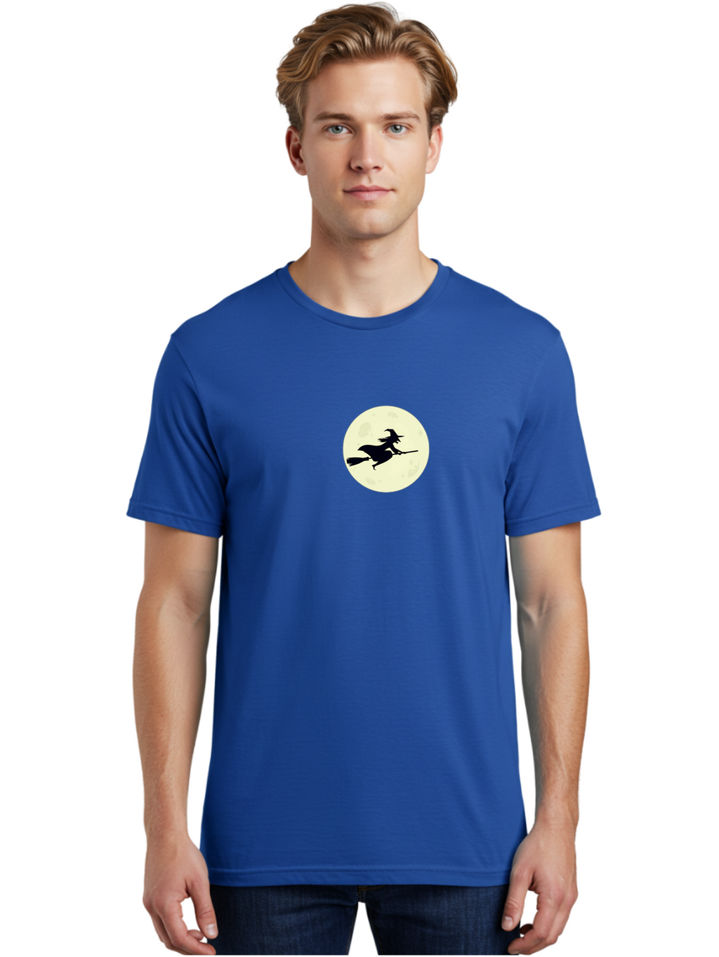 Witch-Flying-On-Moon Men'S Graphic Tee, 100% Cotton, Comfortable Casual Summer Wear, Machine Washable, Witch On Broomstick, Flying Witch, Halloween Symbol, Magic Spell, Mystical Night, Full Moon, Black Silhouette, Witchcraft, Bad924