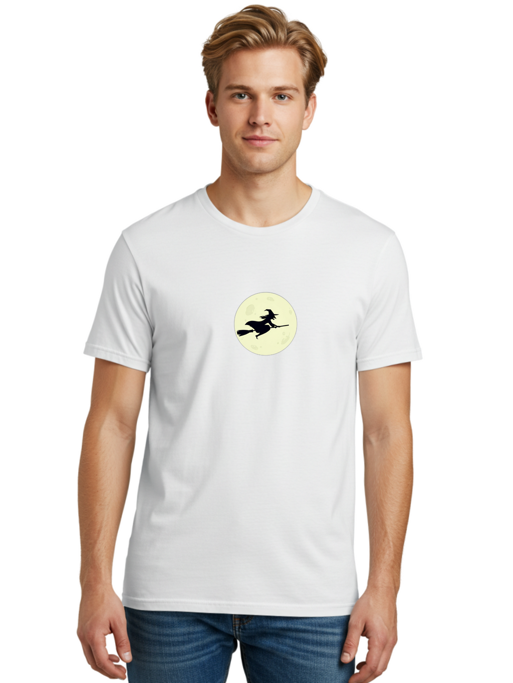 Witch-Flying-On-Moon Men'S Graphic Tee, 100% Cotton, Comfortable Casual Summer Wear, Machine Washable, Witch On Broomstick, Flying Witch, Halloween Symbol, Magic Spell, Mystical Night, Full Moon, Black Silhouette, Witchcraft, Bad924