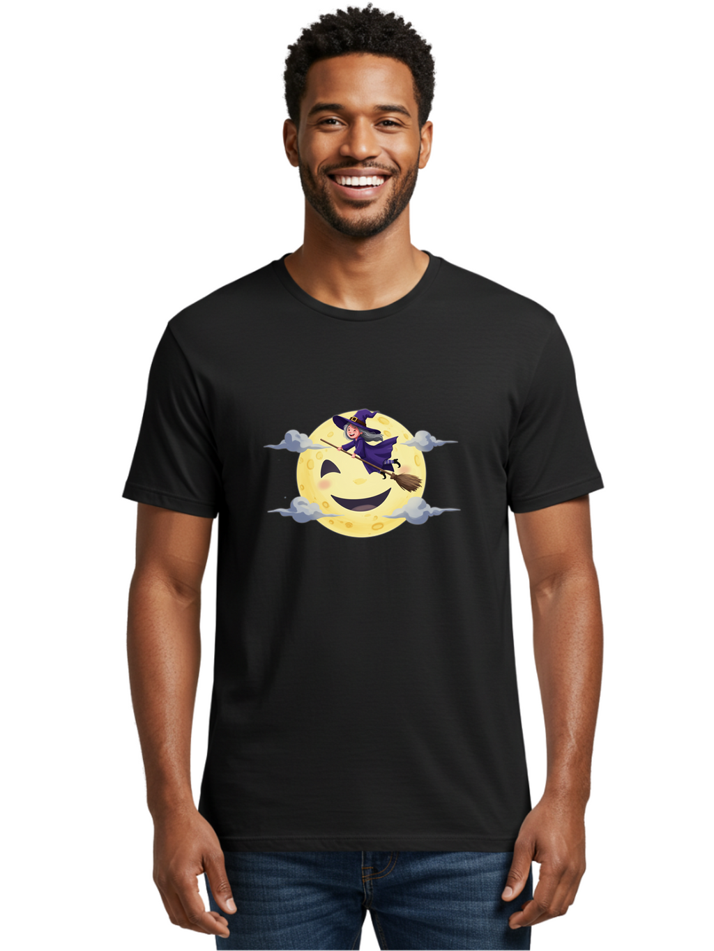 Witch-On-Broomstick-1 Men'S Graphic Tee, 100% Cotton, Comfortable Casual Summer Wear, Machine Washable, Witch Flying On Broomstick, Jack O'Lantern Moon, Halloween Scene, Cartoon Style, Smiling Moon, Spooky Atmosphere, Autumnal Theme, Bad925