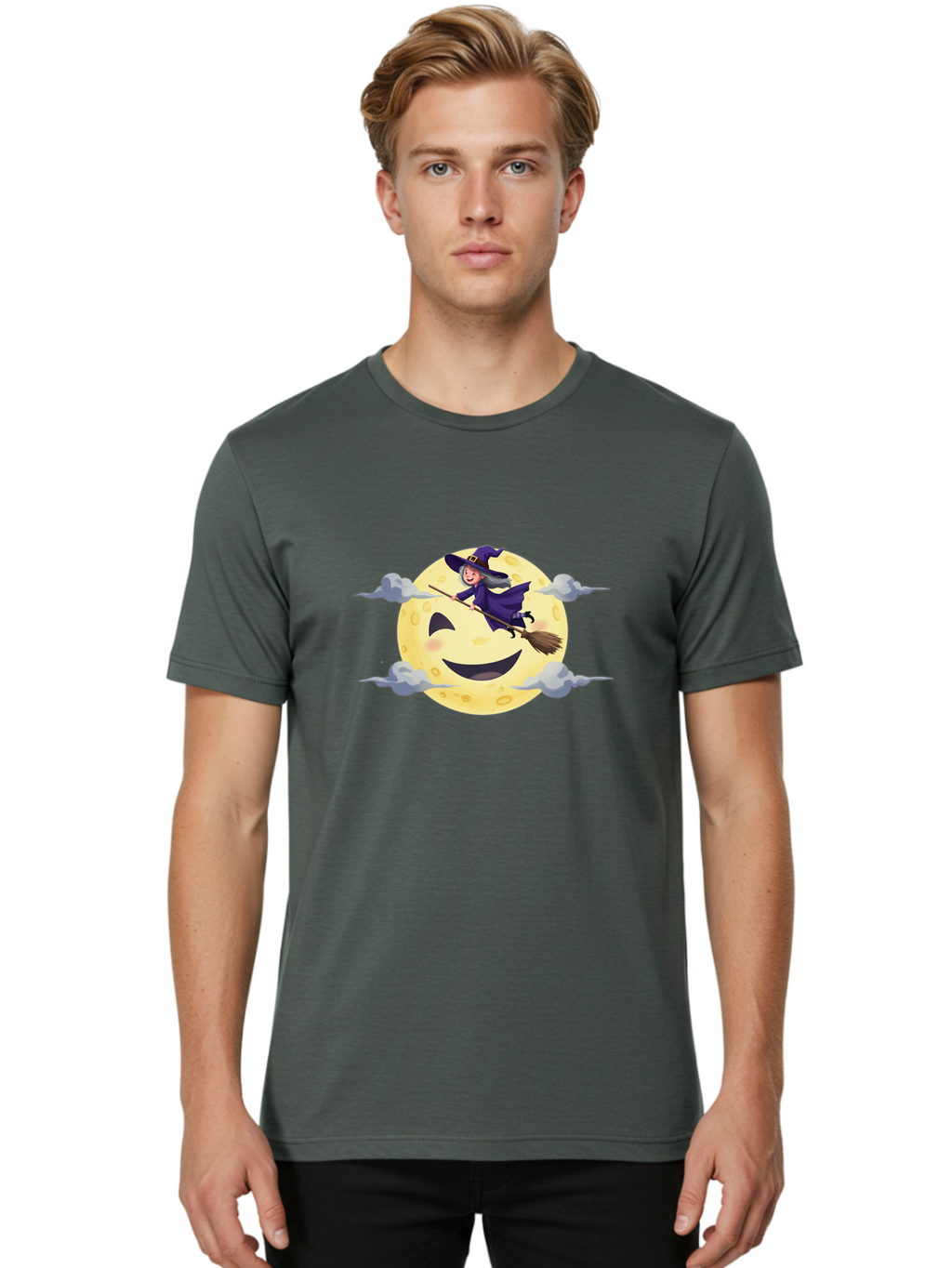 Witch-On-Broomstick-1 Men'S Graphic Tee, 100% Cotton, Comfortable Casual Summer Wear, Machine Washable, Witch Flying On Broomstick, Jack O'Lantern Moon, Halloween Scene, Cartoon Style, Smiling Moon, Spooky Atmosphere, Autumnal Theme, Bad925