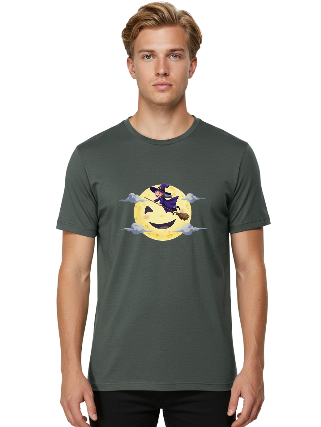 Witch-On-Broomstick-1 Men'S Graphic Tee, 100% Cotton, Comfortable Casual Summer Wear, Machine Washable, Witch Flying On Broomstick, Jack O'Lantern Moon, Halloween Scene, Cartoon Style, Smiling Moon, Spooky Atmosphere, Autumnal Theme, Bad925