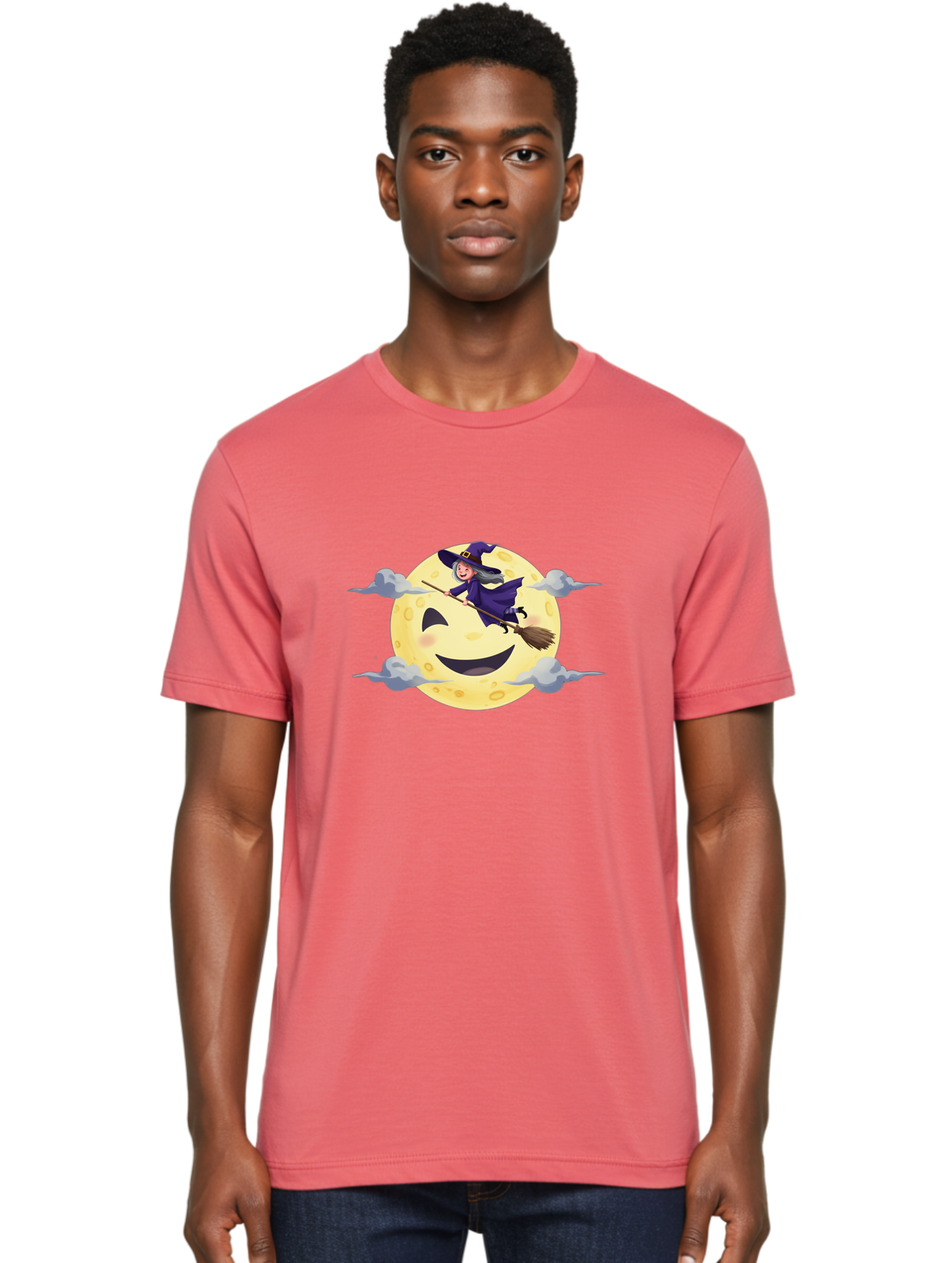 Witch-On-Broomstick-1 Men'S Graphic Tee, 100% Cotton, Comfortable Casual Summer Wear, Machine Washable, Witch Flying On Broomstick, Jack O'Lantern Moon, Halloween Scene, Cartoon Style, Smiling Moon, Spooky Atmosphere, Autumnal Theme, Bad925