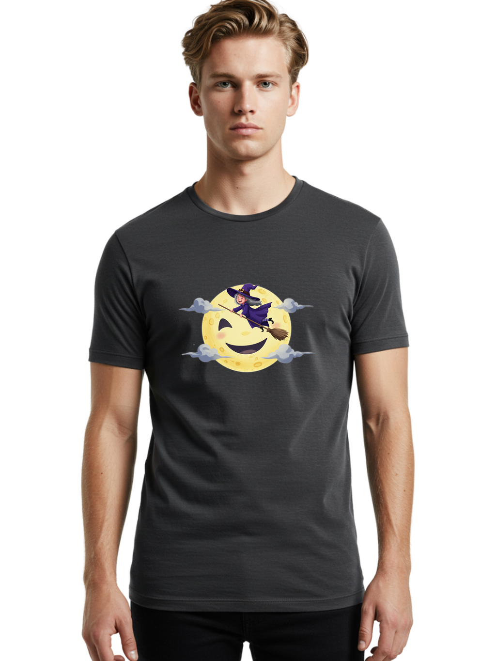 Witch-On-Broomstick-1 Men'S Graphic Tee, 100% Cotton, Comfortable Casual Summer Wear, Machine Washable, Witch Flying On Broomstick, Jack O'Lantern Moon, Halloween Scene, Cartoon Style, Smiling Moon, Spooky Atmosphere, Autumnal Theme, Bad925
