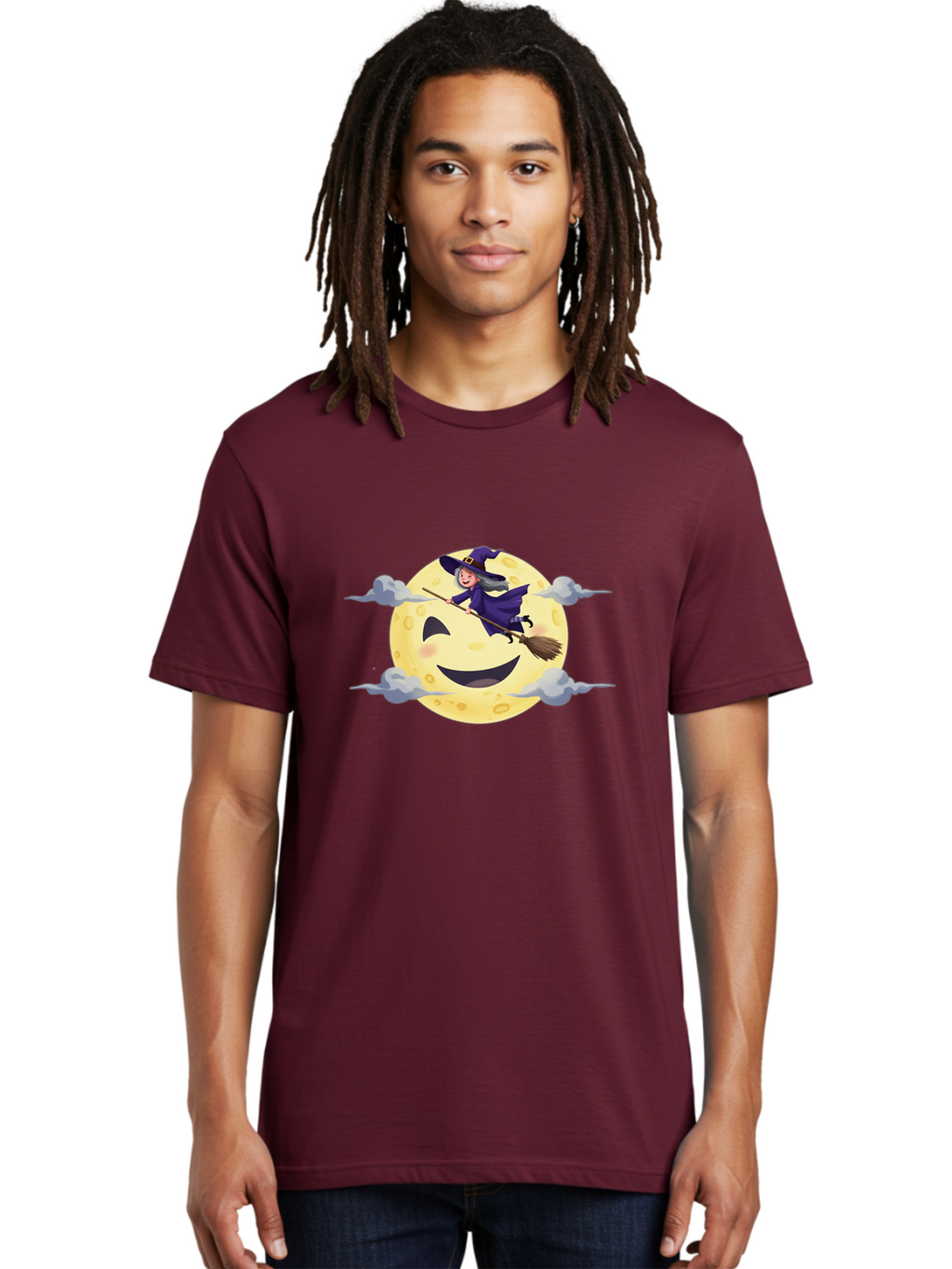 Witch-On-Broomstick-1 Men'S Graphic Tee, 100% Cotton, Comfortable Casual Summer Wear, Machine Washable, Witch Flying On Broomstick, Jack O'Lantern Moon, Halloween Scene, Cartoon Style, Smiling Moon, Spooky Atmosphere, Autumnal Theme, Bad925