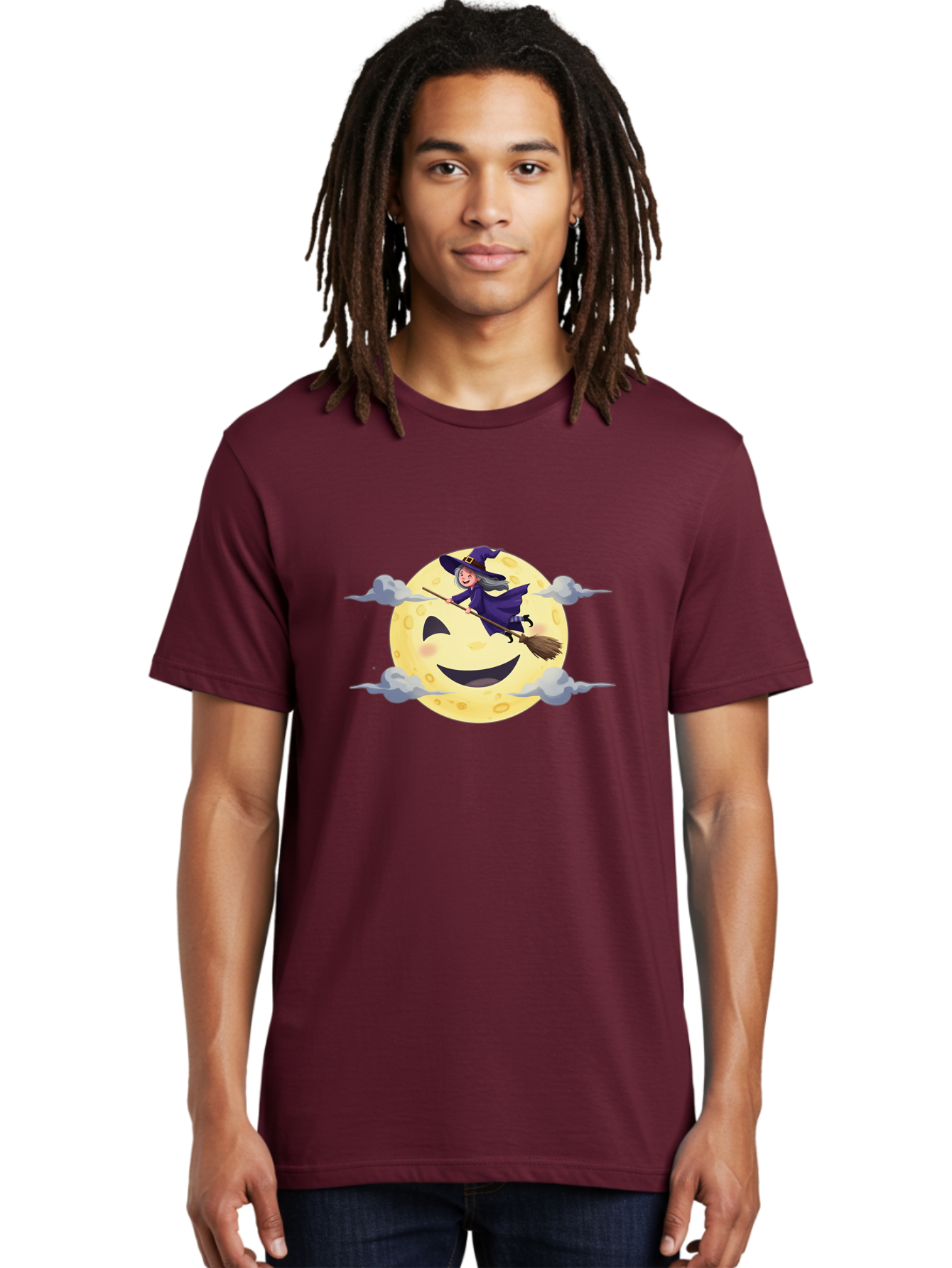 Witch-On-Broomstick-1 Men'S Graphic Tee, 100% Cotton, Comfortable Casual Summer Wear, Machine Washable, Witch Flying On Broomstick, Jack O'Lantern Moon, Halloween Scene, Cartoon Style, Smiling Moon, Spooky Atmosphere, Autumnal Theme, Bad925