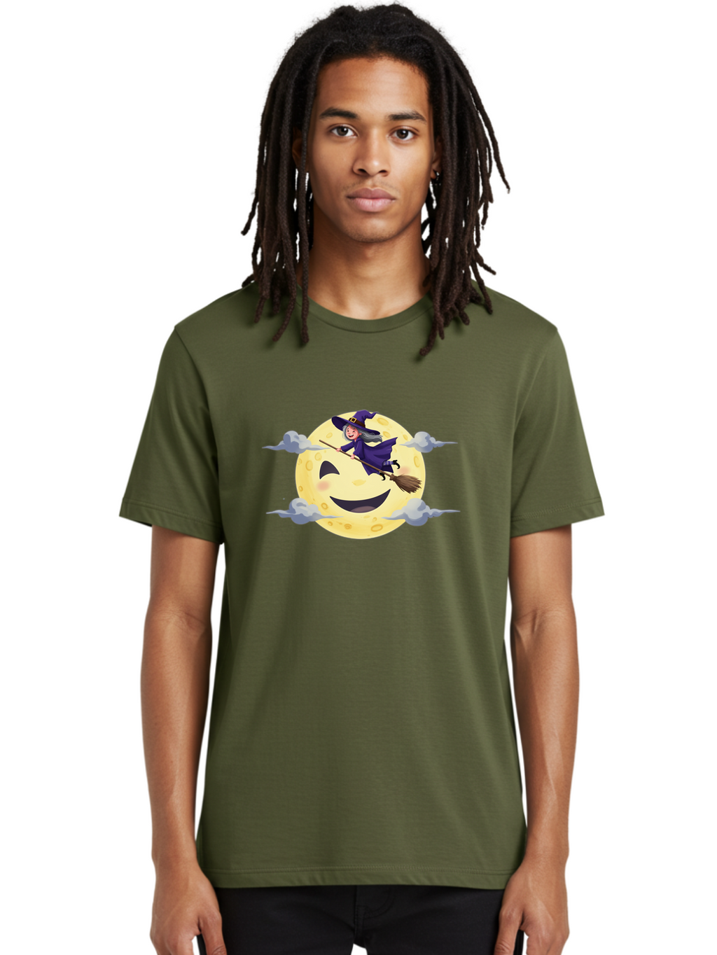Witch-On-Broomstick-1 Men'S Graphic Tee, 100% Cotton, Comfortable Casual Summer Wear, Machine Washable, Witch Flying On Broomstick, Jack O'Lantern Moon, Halloween Scene, Cartoon Style, Smiling Moon, Spooky Atmosphere, Autumnal Theme, Bad925