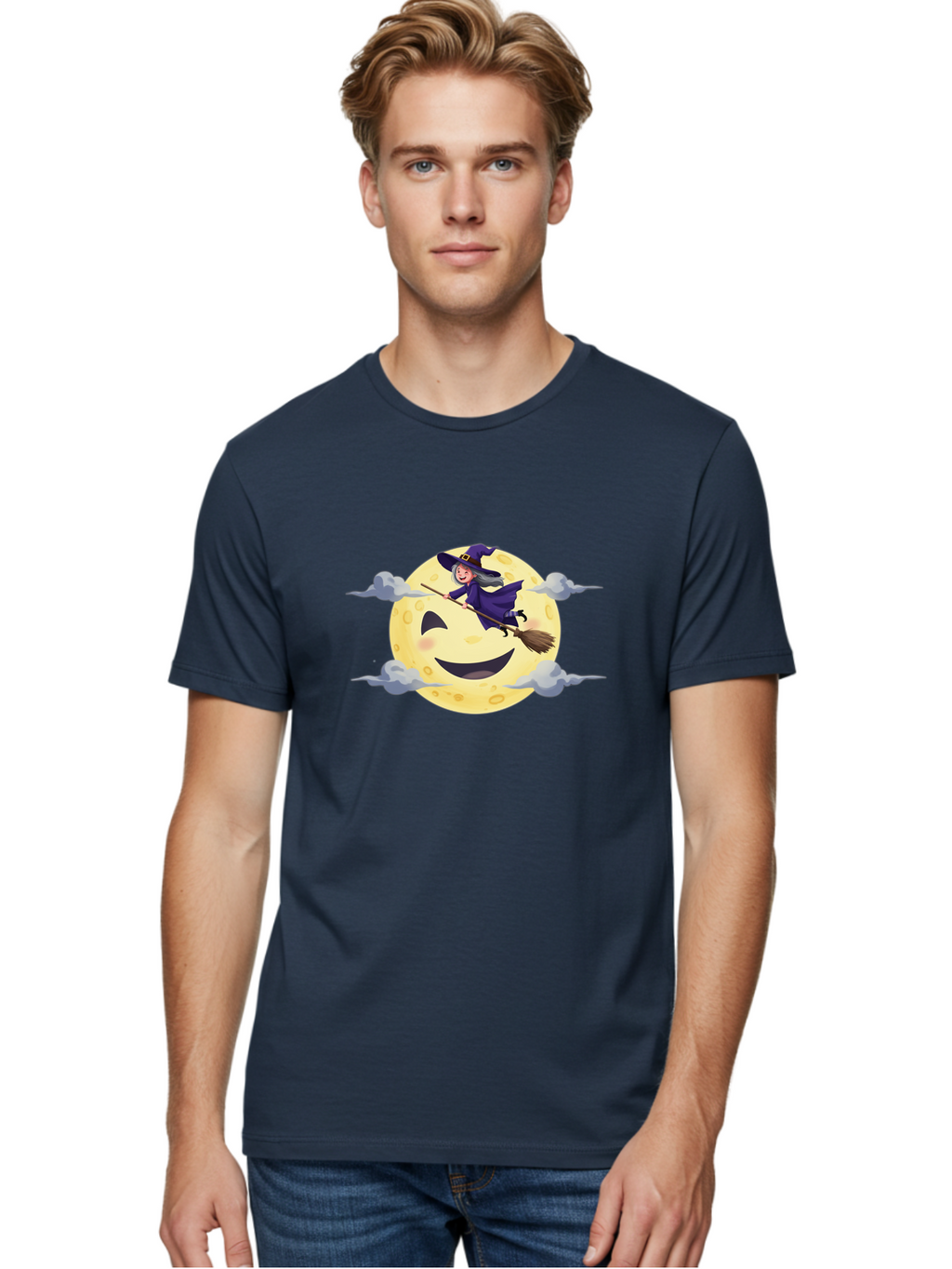 Witch-On-Broomstick-1 Men'S Graphic Tee, 100% Cotton, Comfortable Casual Summer Wear, Machine Washable, Witch Flying On Broomstick, Jack O'Lantern Moon, Halloween Scene, Cartoon Style, Smiling Moon, Spooky Atmosphere, Autumnal Theme, Bad925