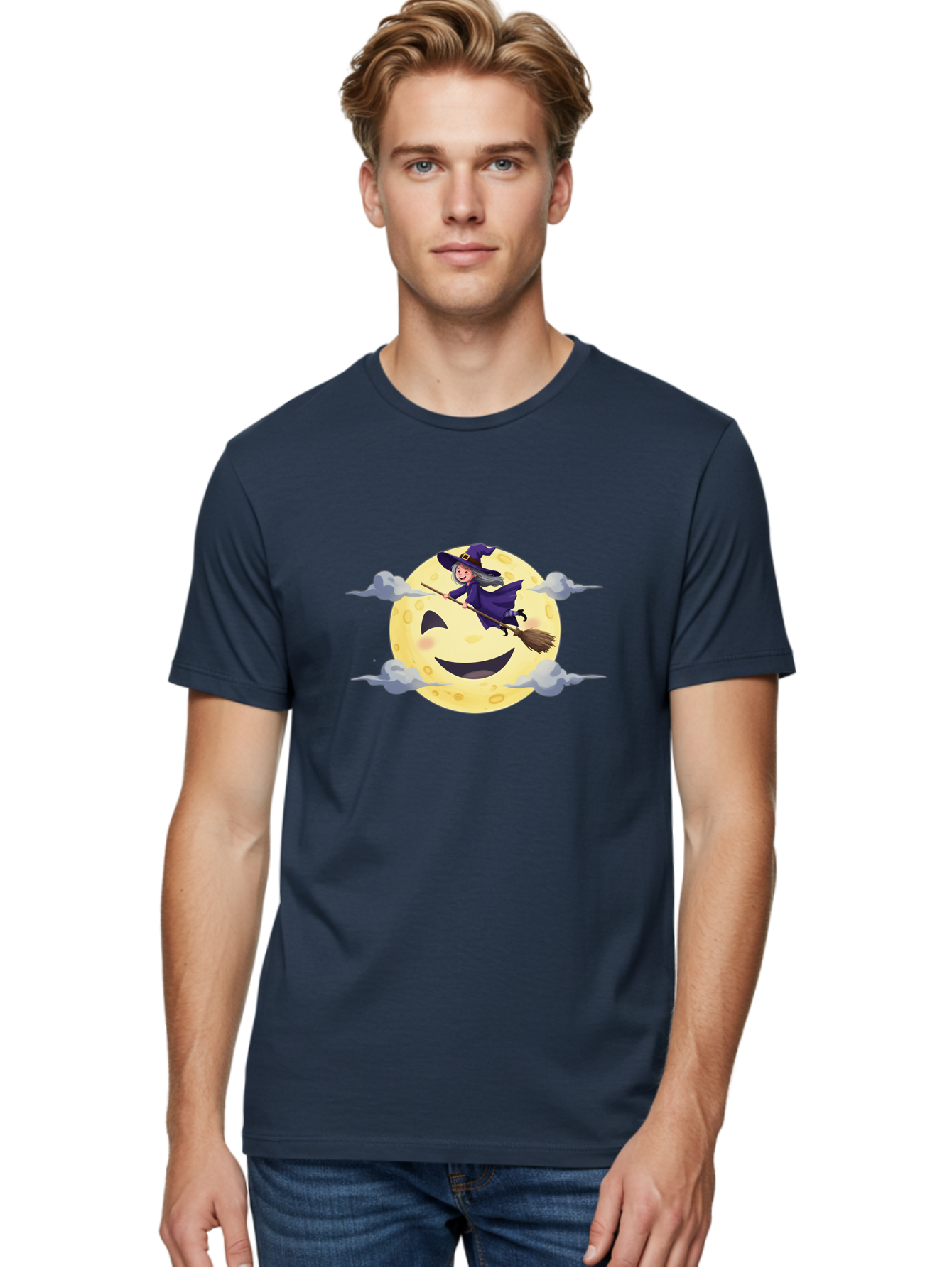 Witch-On-Broomstick-1 Men'S Graphic Tee, 100% Cotton, Comfortable Casual Summer Wear, Machine Washable, Witch Flying On Broomstick, Jack O'Lantern Moon, Halloween Scene, Cartoon Style, Smiling Moon, Spooky Atmosphere, Autumnal Theme, Bad925