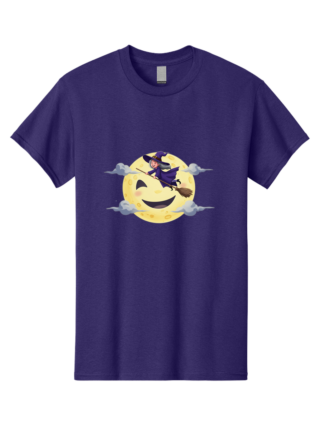 Witch-On-Broomstick-1 Men'S Graphic Tee, 100% Cotton, Comfortable Casual Summer Wear, Machine Washable, Witch Flying On Broomstick, Jack O'Lantern Moon, Halloween Scene, Cartoon Style, Smiling Moon, Spooky Atmosphere, Autumnal Theme, Bad925