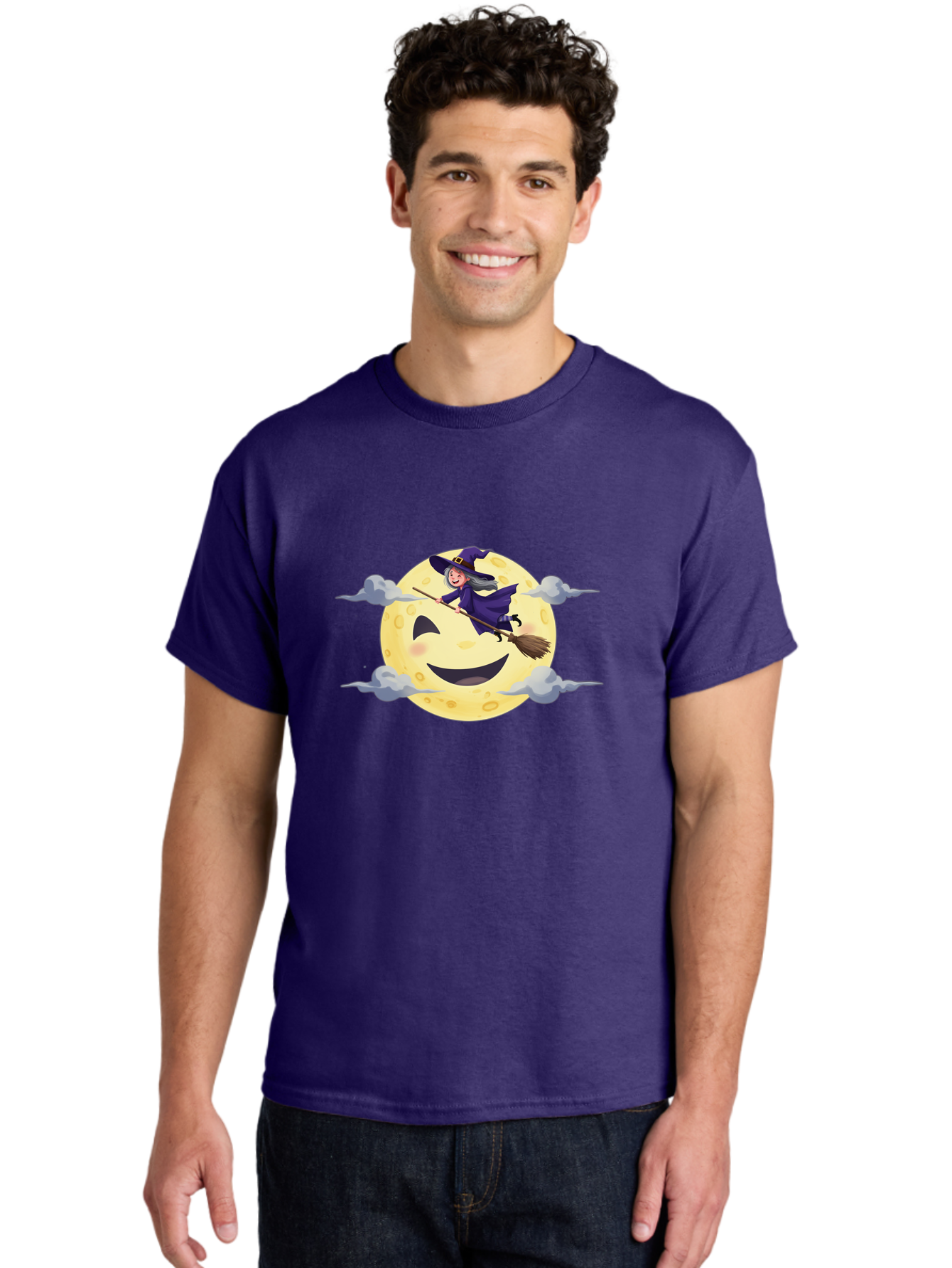 Witch-On-Broomstick-1 Men'S Graphic Tee, 100% Cotton, Comfortable Casual Summer Wear, Machine Washable, Witch Flying On Broomstick, Jack O'Lantern Moon, Halloween Scene, Cartoon Style, Smiling Moon, Spooky Atmosphere, Autumnal Theme, Bad925