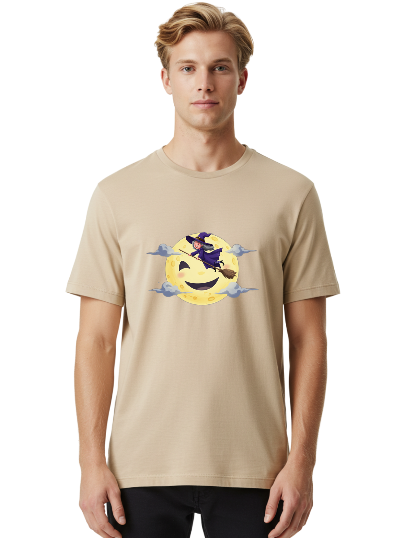 Witch-On-Broomstick-1 Men'S Graphic Tee, 100% Cotton, Comfortable Casual Summer Wear, Machine Washable, Witch Flying On Broomstick, Jack O'Lantern Moon, Halloween Scene, Cartoon Style, Smiling Moon, Spooky Atmosphere, Autumnal Theme, Bad925