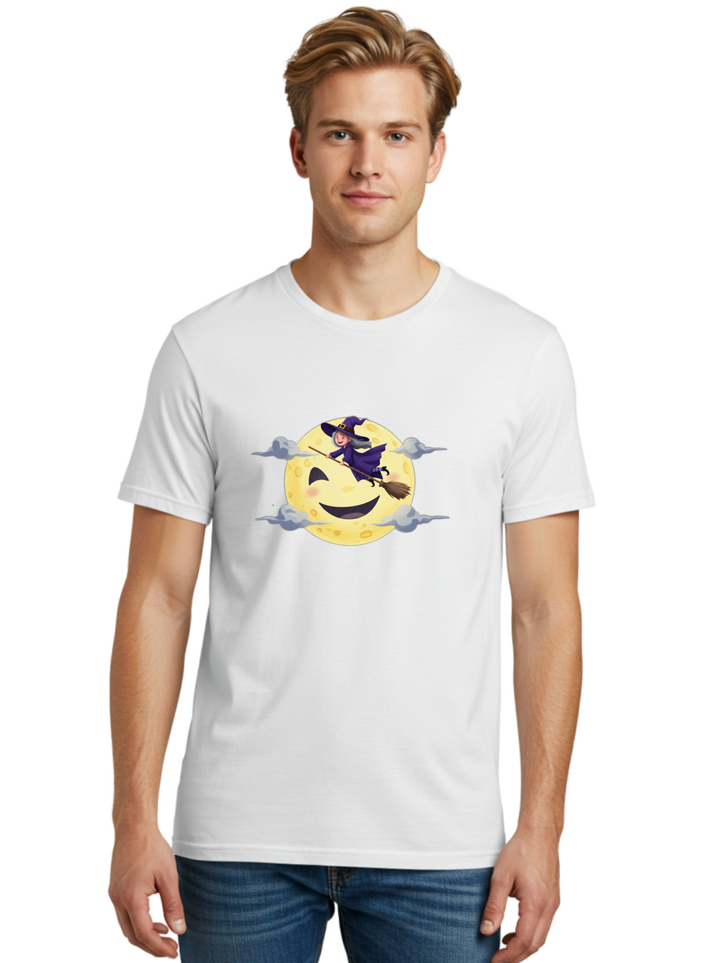Witch-On-Broomstick-1 Men'S Graphic Tee, 100% Cotton, Comfortable Casual Summer Wear, Machine Washable, Witch Flying On Broomstick, Jack O'Lantern Moon, Halloween Scene, Cartoon Style, Smiling Moon, Spooky Atmosphere, Autumnal Theme, Bad925