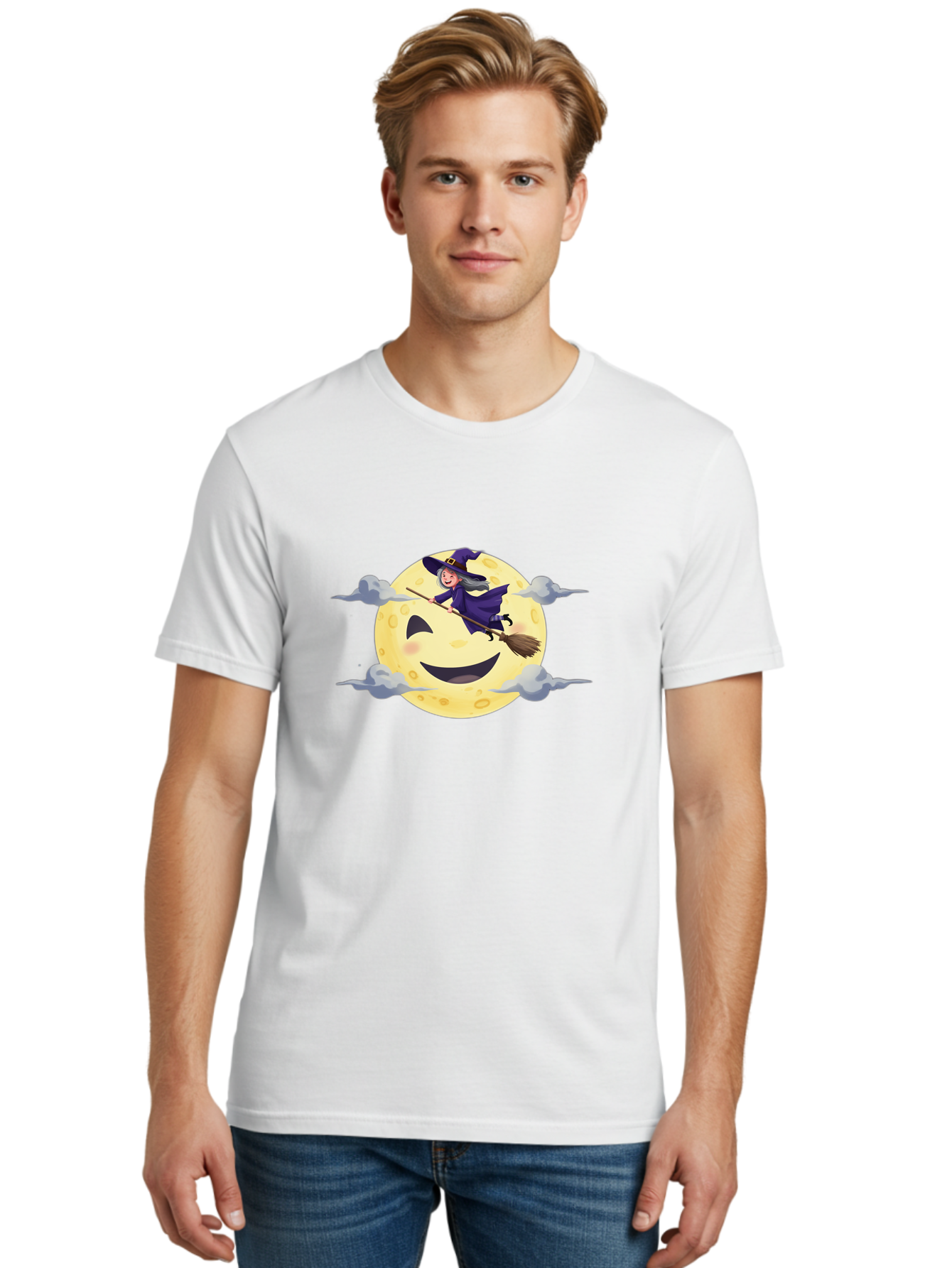 Witch-On-Broomstick-1 Men'S Graphic Tee, 100% Cotton, Comfortable Casual Summer Wear, Machine Washable, Witch Flying On Broomstick, Jack O'Lantern Moon, Halloween Scene, Cartoon Style, Smiling Moon, Spooky Atmosphere, Autumnal Theme, Bad925