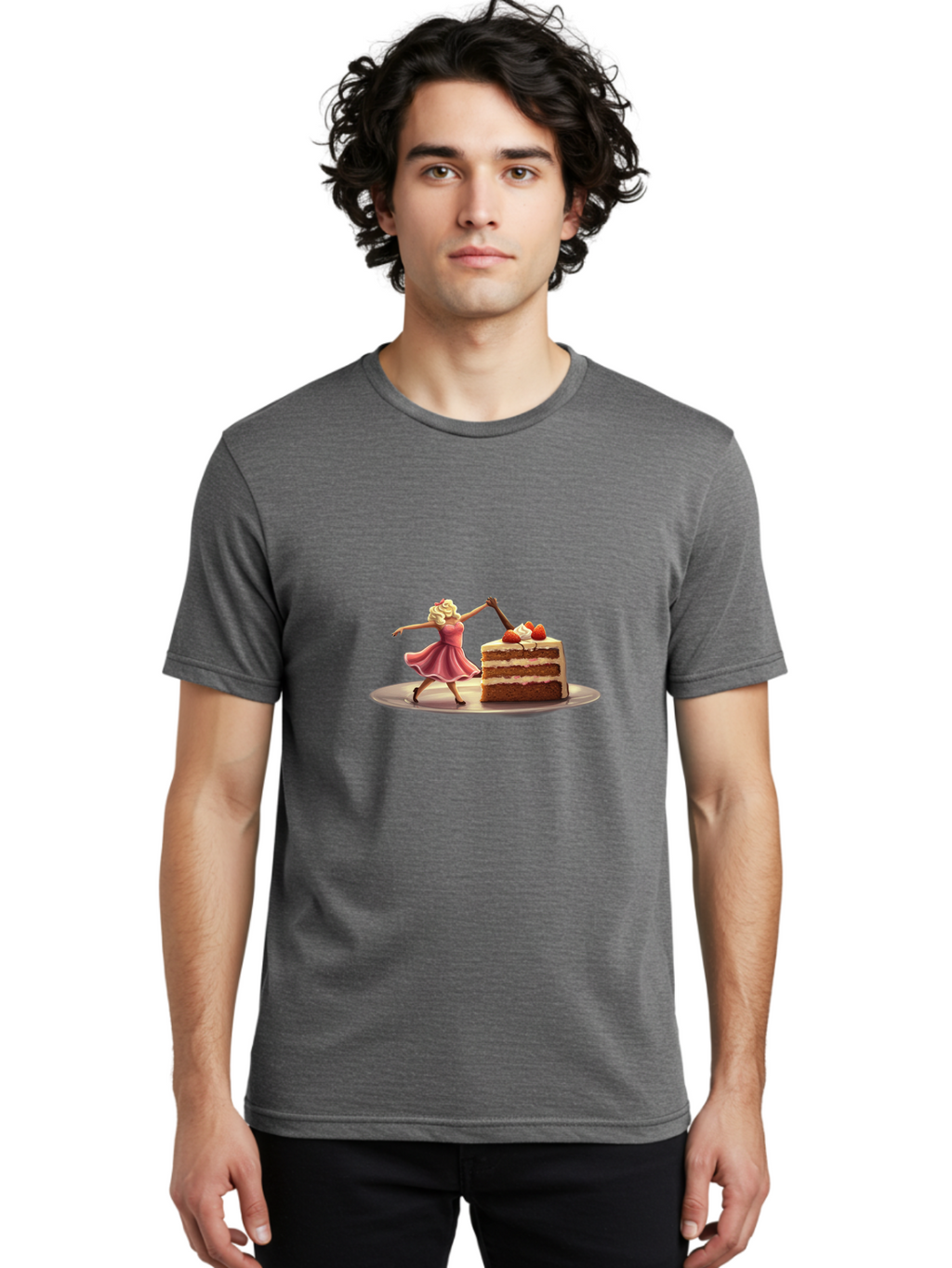 Woman-And-Cake Men'S Graphic Tee, 100% Cotton, Comfortable Casual Summer Wear, Machine Washable, Woman Cutting Cake, Marilyn Monroe Lookalike, Pink Dress, Blonde Hair, Cake With Strawberries, Sweet Treats, Dessert, Celebration Bad927