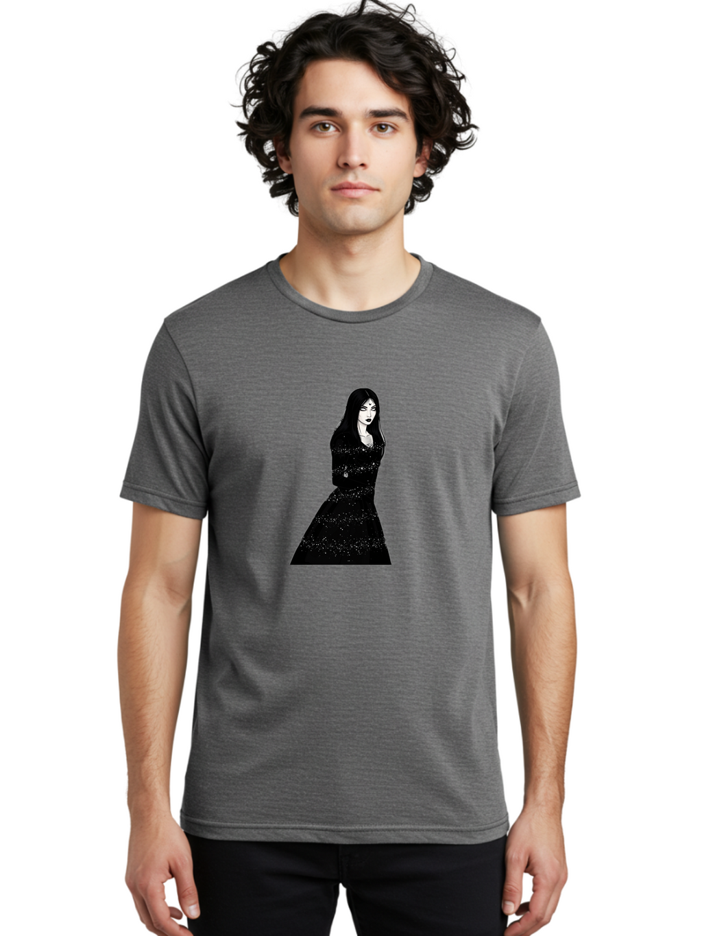 Woman-In-Black-Dress Men'S Graphic Tee, 100% Cotton, Comfortable Casual Summer Wear, Machine Washable, Woman In Black Dress, Long Black Hair, Elegant Jewelry, Sparkling Dress, Dark Beauty, Fashion Illustration, Mysterious Woman, Bad928