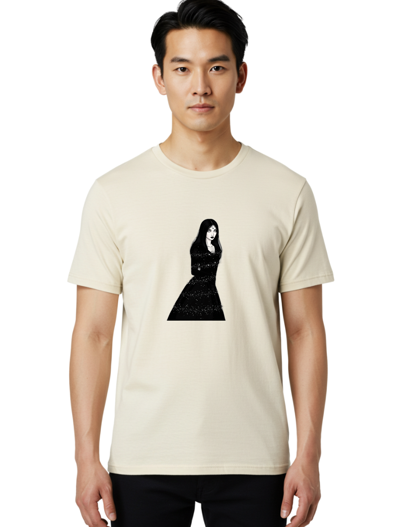 Woman-In-Black-Dress Men'S Graphic Tee, 100% Cotton, Comfortable Casual Summer Wear, Machine Washable, Woman In Black Dress, Long Black Hair, Elegant Jewelry, Sparkling Dress, Dark Beauty, Fashion Illustration, Mysterious Woman, Bad928
