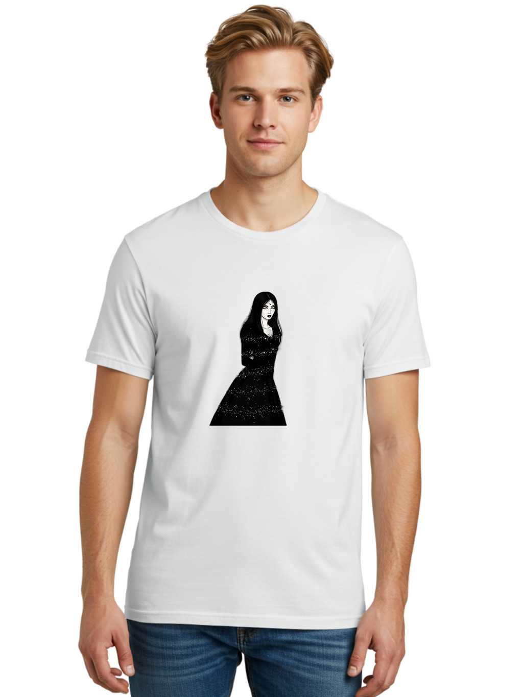 Woman-In-Black-Dress Men'S Graphic Tee, 100% Cotton, Comfortable Casual Summer Wear, Machine Washable, Woman In Black Dress, Long Black Hair, Elegant Jewelry, Sparkling Dress, Dark Beauty, Fashion Illustration, Mysterious Woman, Bad928