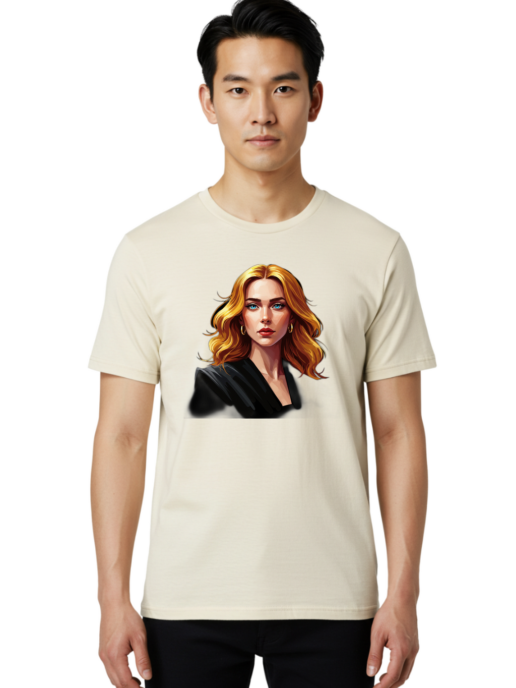 Woman-Portrait-1 Men'S Graphic Tee, 100% Cotton, Comfortable Casual Summer Wear, Machine Washable, Blonde Woman, Blue Eyes, Gold Hoop Earrings, Black Jacket, Fashion Portrait, Digital Art, Wavy Hair, Modern Style, Elegant Look, Bad929