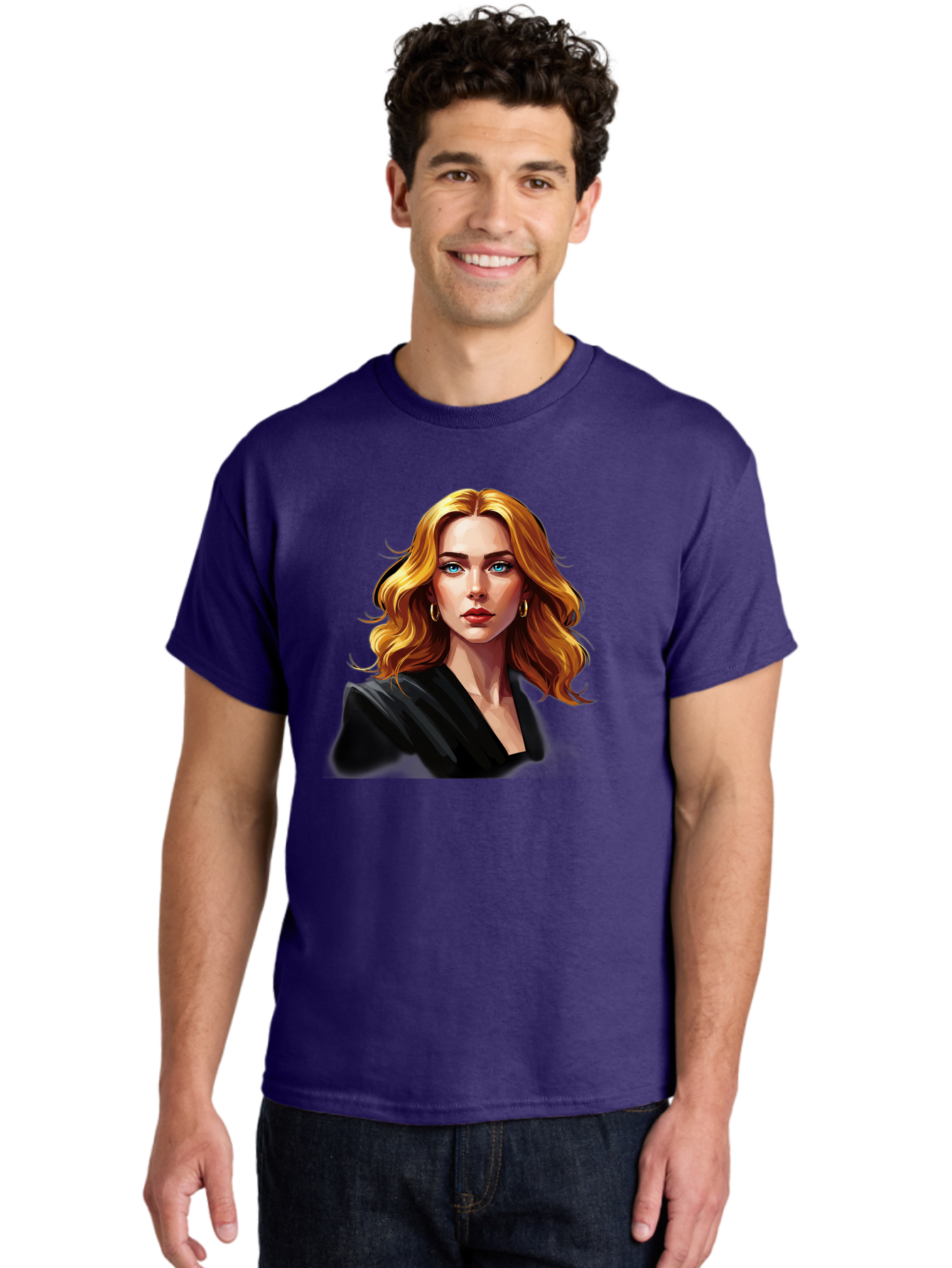 Woman-Portrait-1 Men'S Graphic Tee, 100% Cotton, Comfortable Casual Summer Wear, Machine Washable, Blonde Woman, Blue Eyes, Gold Hoop Earrings, Black Jacket, Fashion Portrait, Digital Art, Wavy Hair, Modern Style, Elegant Look, Bad929