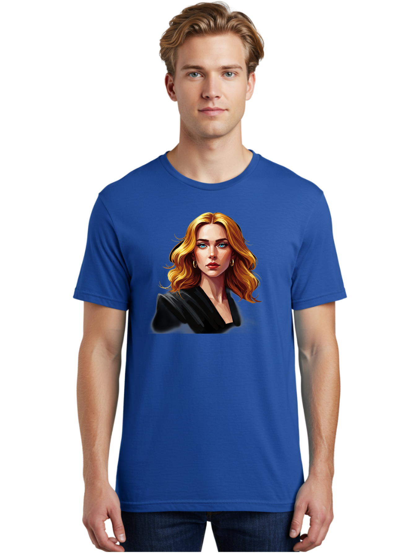 Woman-Portrait-1 Men'S Graphic Tee, 100% Cotton, Comfortable Casual Summer Wear, Machine Washable, Blonde Woman, Blue Eyes, Gold Hoop Earrings, Black Jacket, Fashion Portrait, Digital Art, Wavy Hair, Modern Style, Elegant Look, Bad929