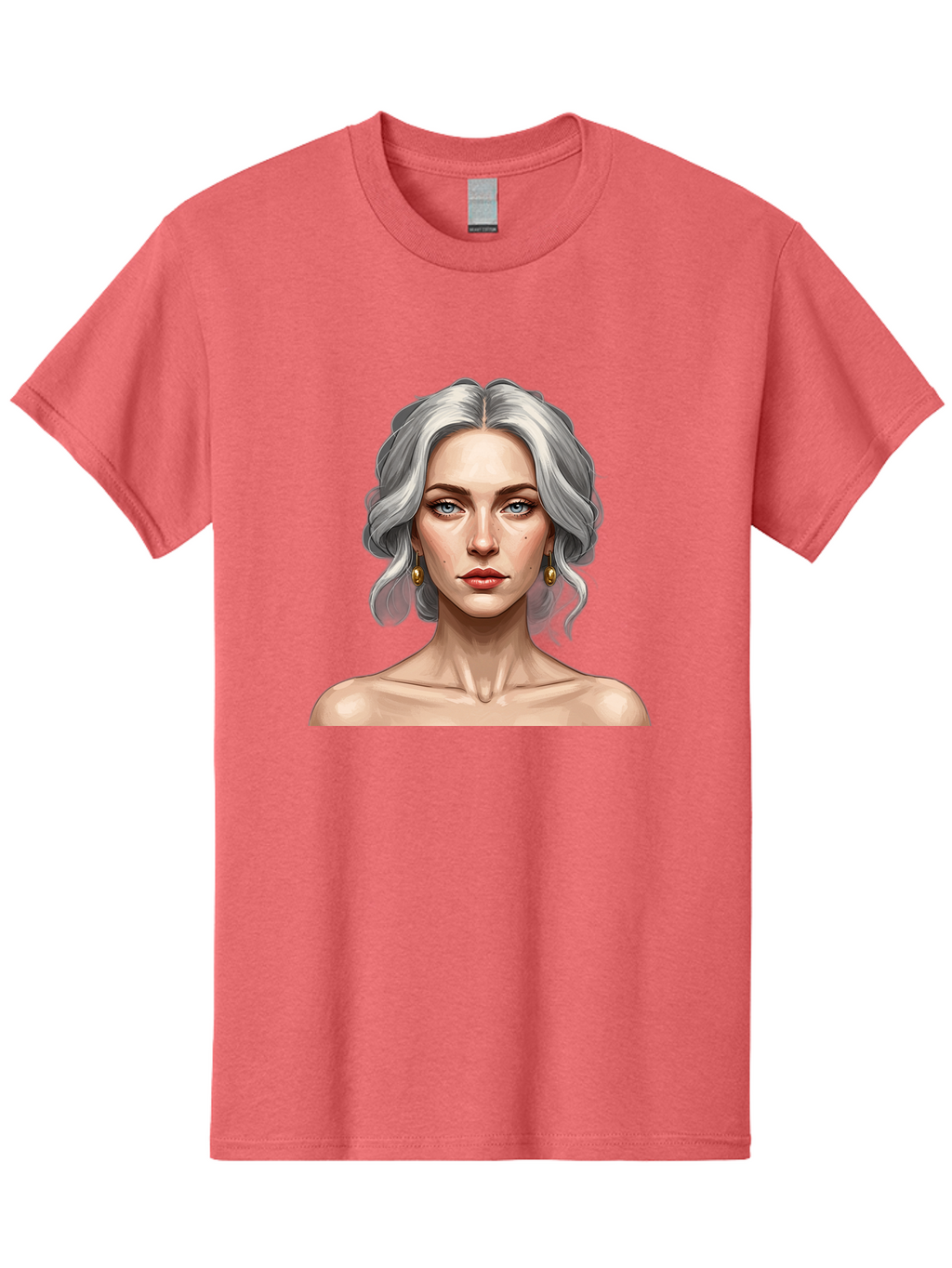 Woman-Portrait Men'S Graphic Tee, 100% Cotton, Comfortable Casual Summer Wear, Machine Washable, Silver Hair, Blue Eyes, Elegant Earrings, Digital Illustration, Portrait, Female Character, Modern Art, Captivating Gaze, Shoulder-Length Hair, Bad930