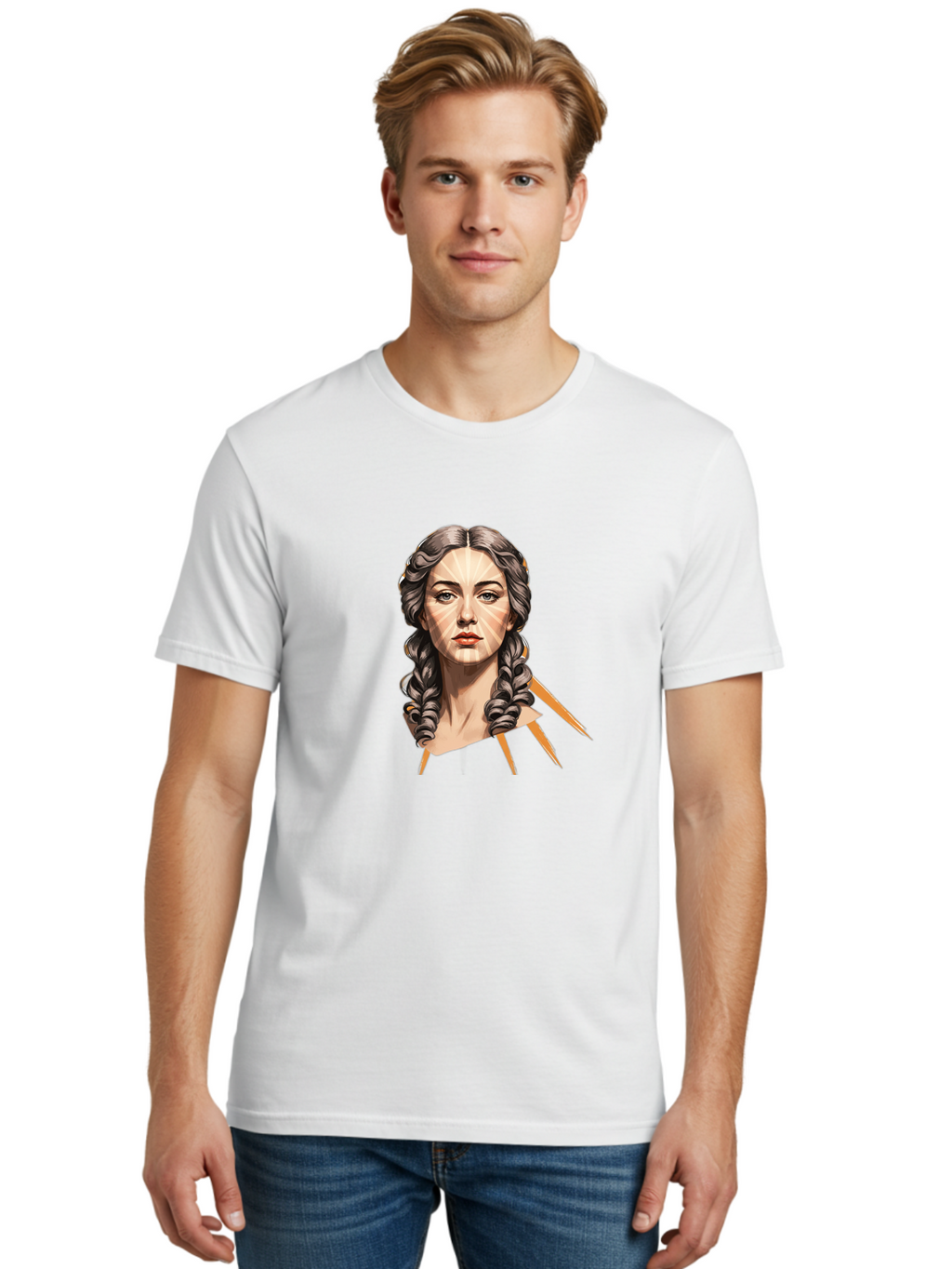 Woman-With-Braids Men'S Graphic Tee, 100% Cotton, Comfortable Casual Summer Wear, Machine Washable, Illustration Of A Woman, Braided Hair, Geometric Lines, Face Mapping, Digital Art, Modern Illustration, Creative Portrait, Artistic Expression Bad931