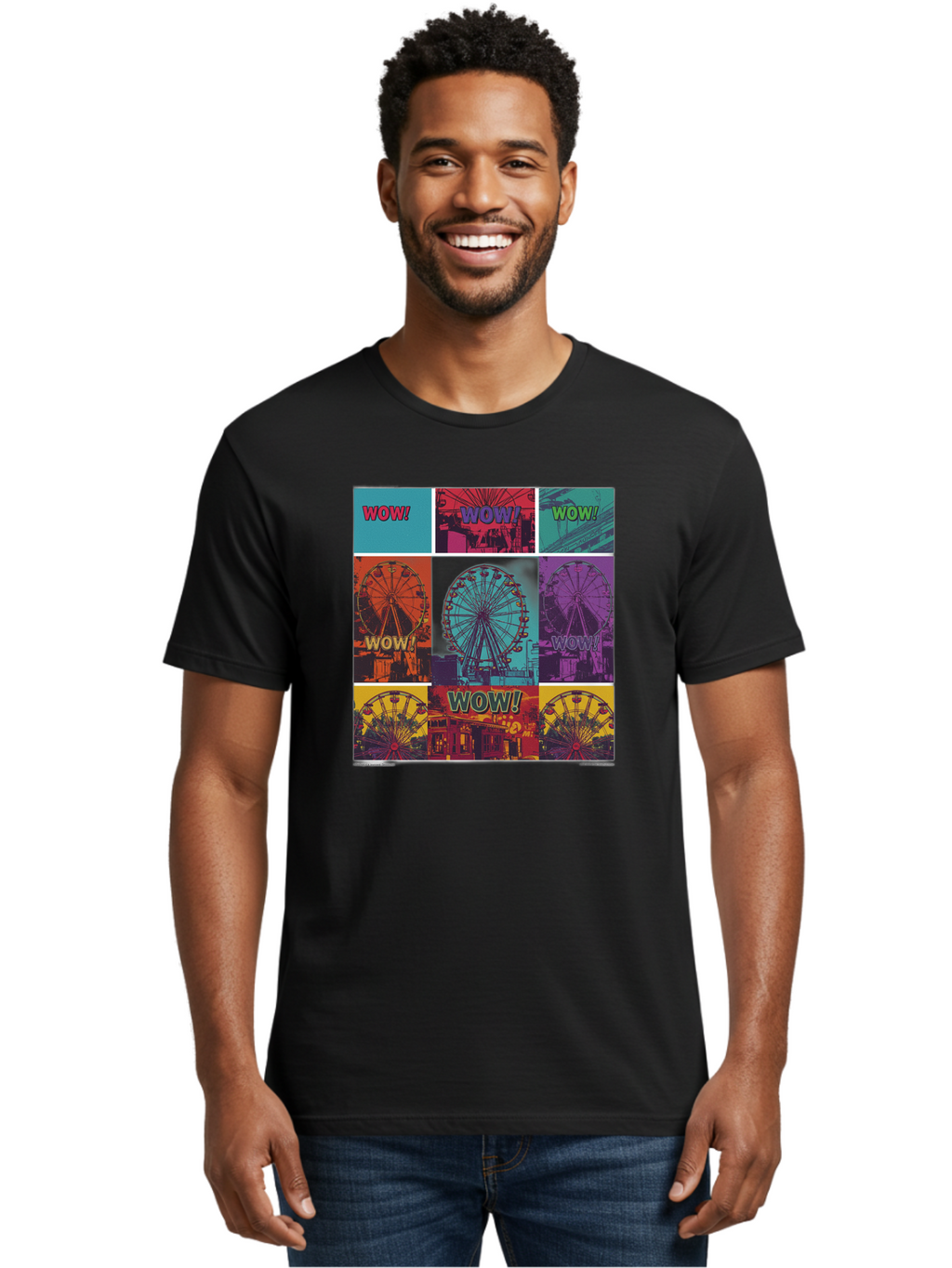 Wow-Ferris-Wheel-Collage Men'S Graphic Tee, 100% Cotton, Comfortable Casual Summer Wear, Machine Washable, Ferris Wheel At Carnival, Amusement Park, Colorful Graphics, Vibrant Colors, Wow Expression, Pop Art Style, Funfair, Thrill Ride, Bad932