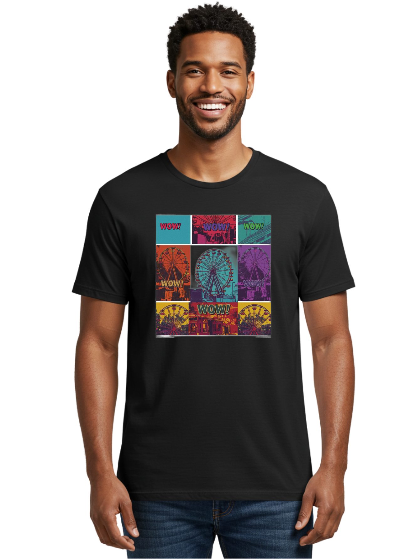 Wow-Ferris-Wheel-Collage Men'S Graphic Tee, 100% Cotton, Comfortable Casual Summer Wear, Machine Washable, Ferris Wheel At Carnival, Amusement Park, Colorful Graphics, Vibrant Colors, Wow Expression, Pop Art Style, Funfair, Thrill Ride, Bad932