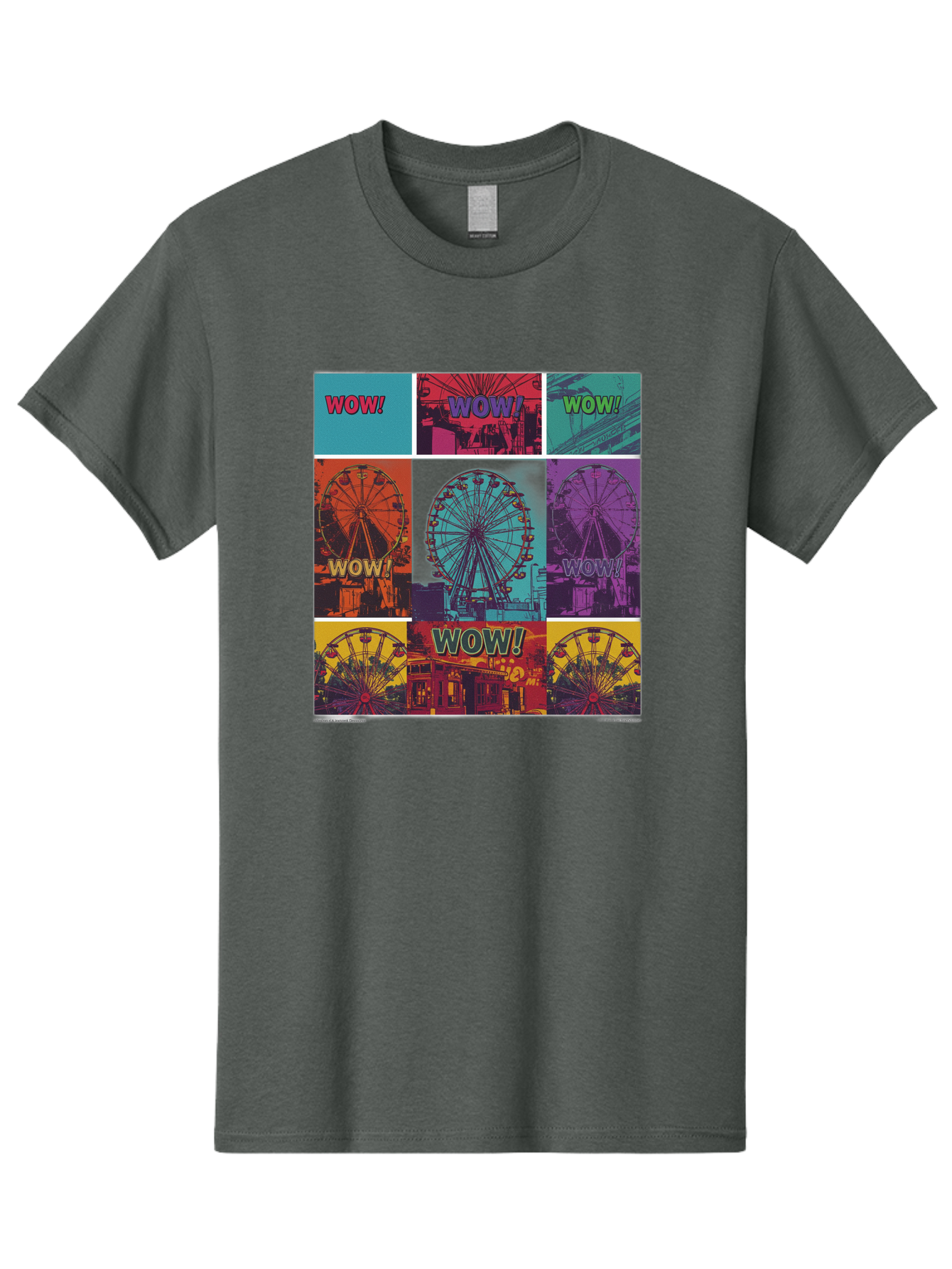 Wow-Ferris-Wheel-Collage Men'S Graphic Tee, 100% Cotton, Comfortable Casual Summer Wear, Machine Washable, Ferris Wheel At Carnival, Amusement Park, Colorful Graphics, Vibrant Colors, Wow Expression, Pop Art Style, Funfair, Thrill Ride, Bad932