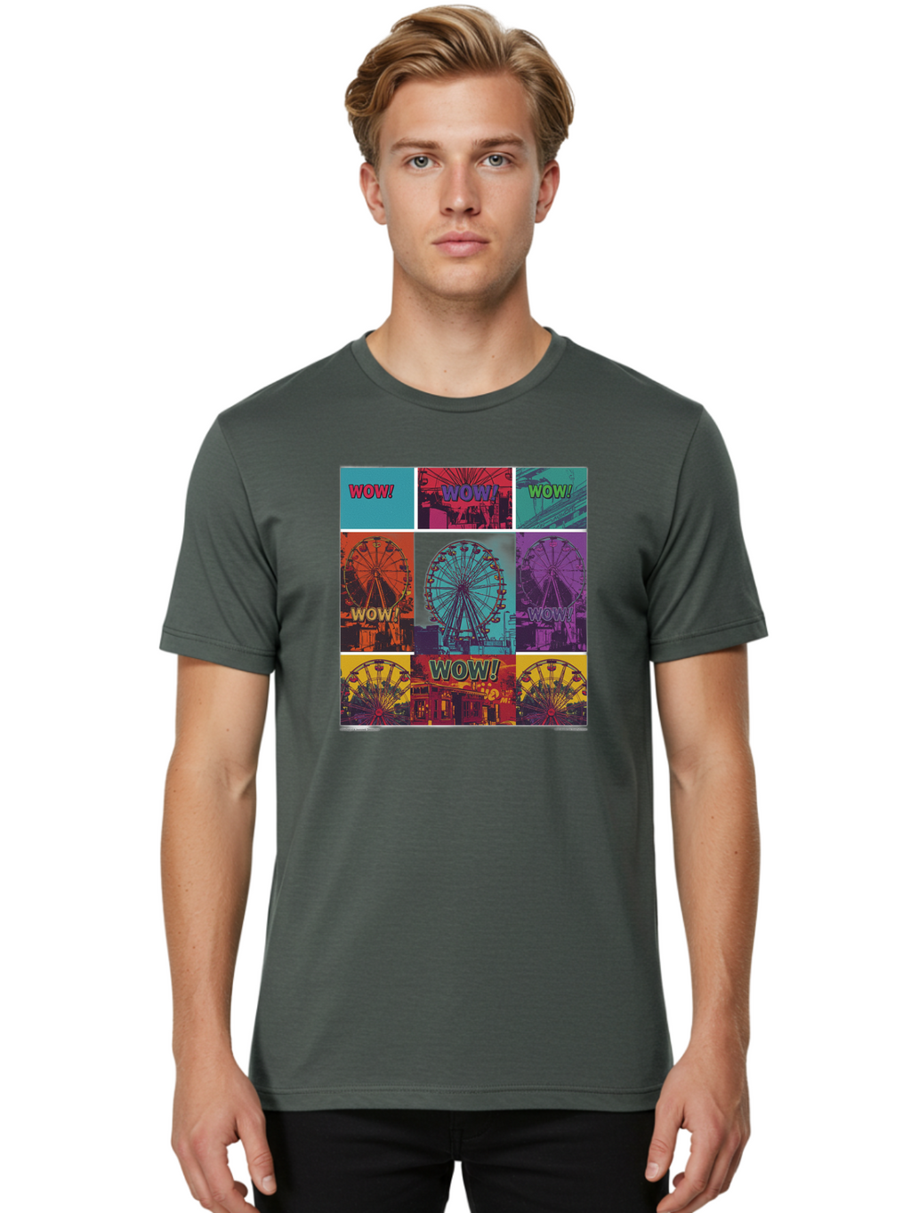 Wow-Ferris-Wheel-Collage Men'S Graphic Tee, 100% Cotton, Comfortable Casual Summer Wear, Machine Washable, Ferris Wheel At Carnival, Amusement Park, Colorful Graphics, Vibrant Colors, Wow Expression, Pop Art Style, Funfair, Thrill Ride, Bad932