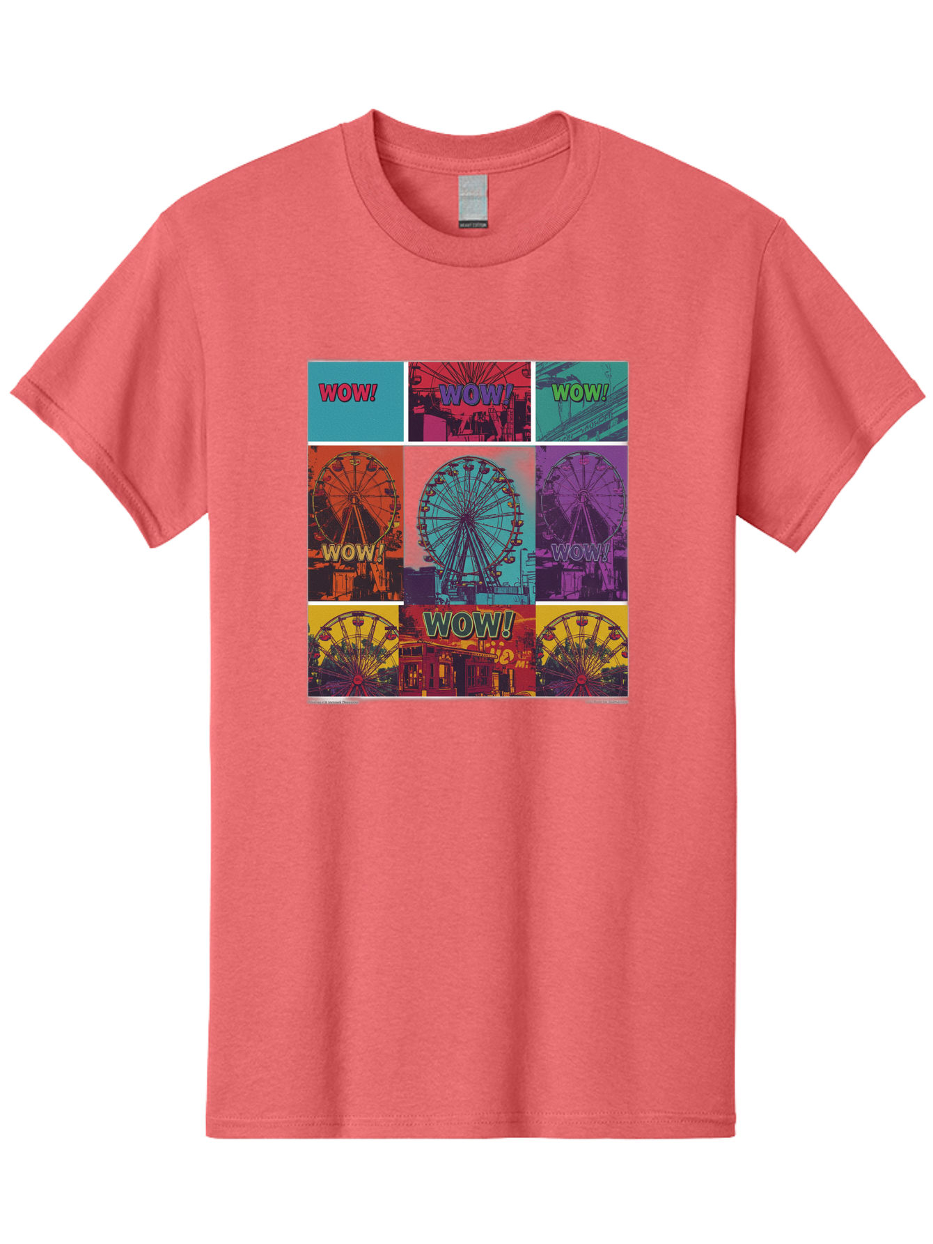 Wow-Ferris-Wheel-Collage Men'S Graphic Tee, 100% Cotton, Comfortable Casual Summer Wear, Machine Washable, Ferris Wheel At Carnival, Amusement Park, Colorful Graphics, Vibrant Colors, Wow Expression, Pop Art Style, Funfair, Thrill Ride, Bad932
