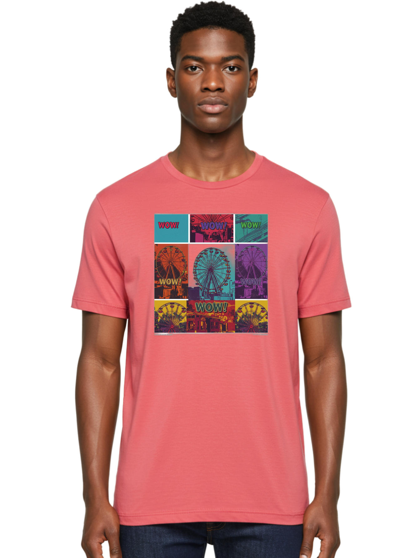 Wow-Ferris-Wheel-Collage Men'S Graphic Tee, 100% Cotton, Comfortable Casual Summer Wear, Machine Washable, Ferris Wheel At Carnival, Amusement Park, Colorful Graphics, Vibrant Colors, Wow Expression, Pop Art Style, Funfair, Thrill Ride, Bad932