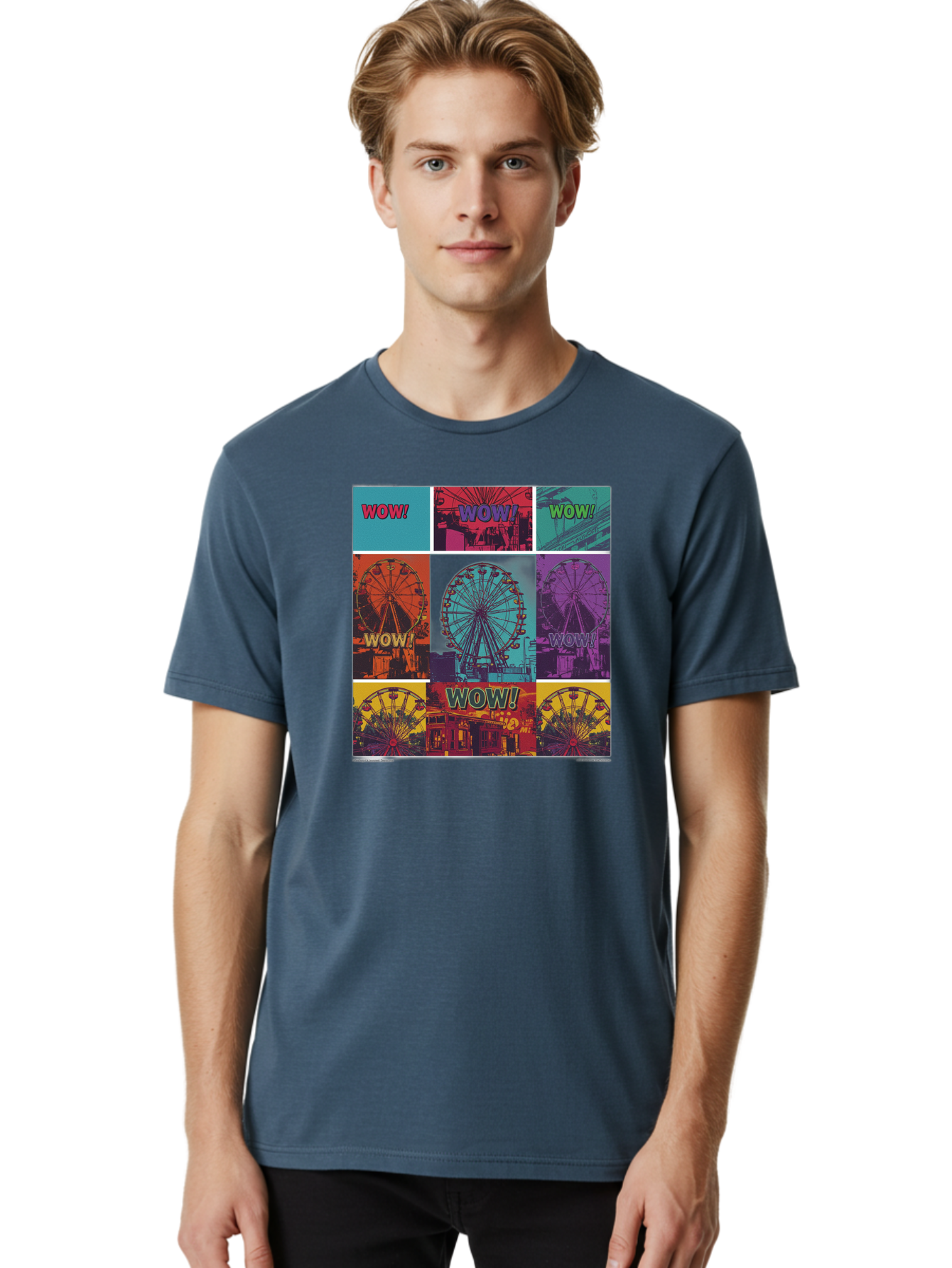 Wow-Ferris-Wheel-Collage Men'S Graphic Tee, 100% Cotton, Comfortable Casual Summer Wear, Machine Washable, Ferris Wheel At Carnival, Amusement Park, Colorful Graphics, Vibrant Colors, Wow Expression, Pop Art Style, Funfair, Thrill Ride, Bad932