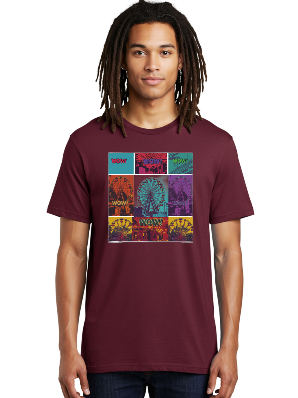 Wow-Ferris-Wheel-Collage Men'S Graphic Tee, 100% Cotton, Comfortable Casual Summer Wear, Machine Washable, Ferris Wheel At Carnival, Amusement Park, Colorful Graphics, Vibrant Colors, Wow Expression, Pop Art Style, Funfair, Thrill Ride, Bad932