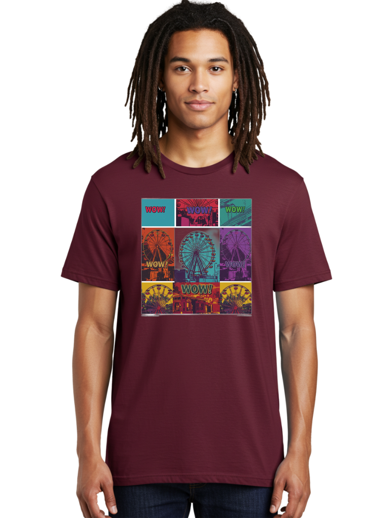 Wow-Ferris-Wheel-Collage Men'S Graphic Tee, 100% Cotton, Comfortable Casual Summer Wear, Machine Washable, Ferris Wheel At Carnival, Amusement Park, Colorful Graphics, Vibrant Colors, Wow Expression, Pop Art Style, Funfair, Thrill Ride, Bad932