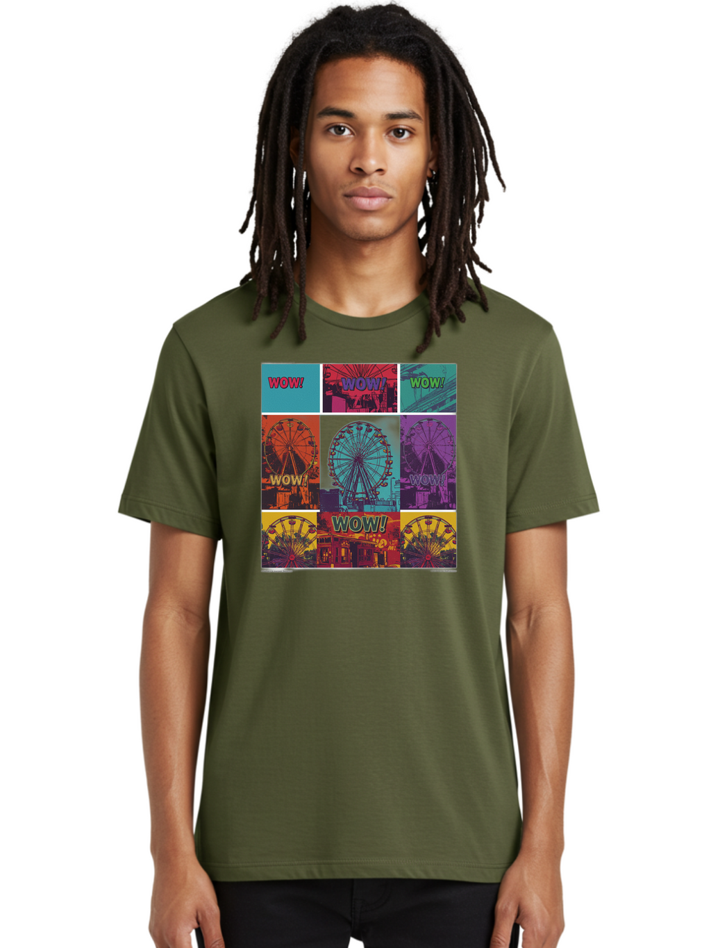 Wow-Ferris-Wheel-Collage Men'S Graphic Tee, 100% Cotton, Comfortable Casual Summer Wear, Machine Washable, Ferris Wheel At Carnival, Amusement Park, Colorful Graphics, Vibrant Colors, Wow Expression, Pop Art Style, Funfair, Thrill Ride, Bad932