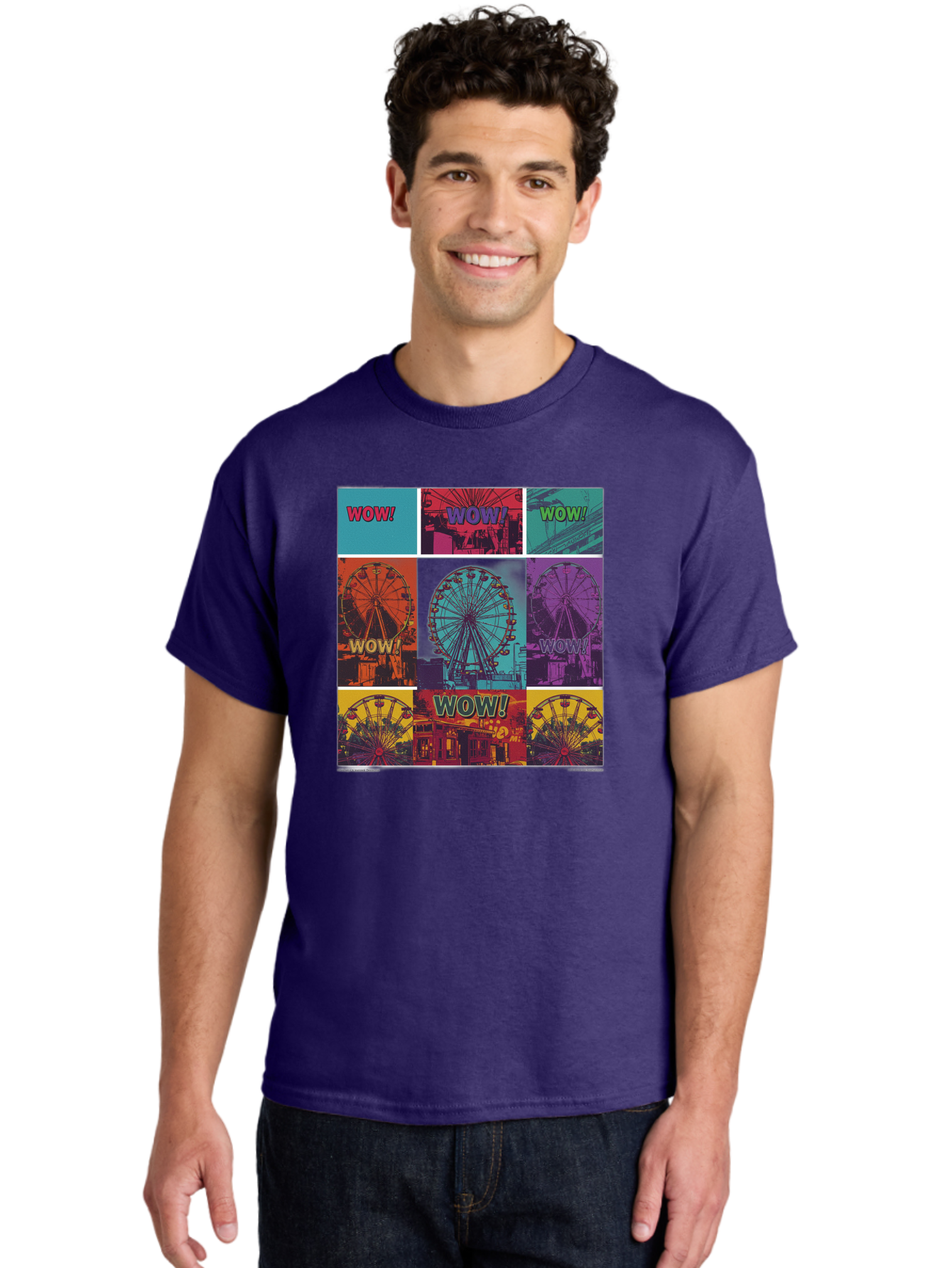 Wow-Ferris-Wheel-Collage Men'S Graphic Tee, 100% Cotton, Comfortable Casual Summer Wear, Machine Washable, Ferris Wheel At Carnival, Amusement Park, Colorful Graphics, Vibrant Colors, Wow Expression, Pop Art Style, Funfair, Thrill Ride, Bad932
