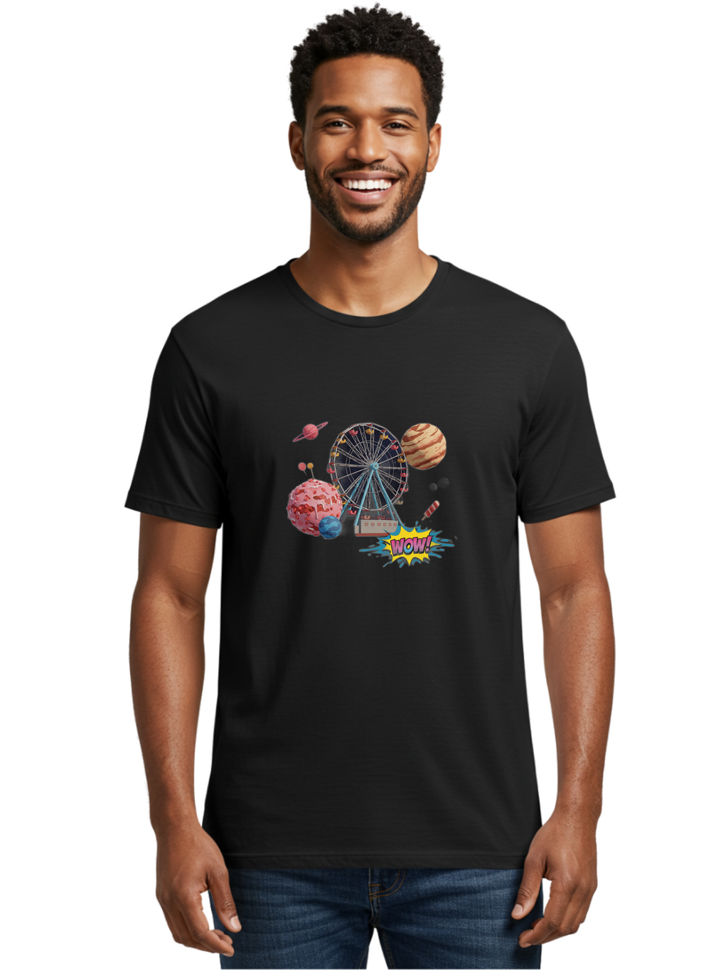 Wow Men'S Graphic Tee, 100% Cotton, Comfortable Casual Summer Wear, Machine Washable, Carnival Ferris Wheel, Planets, Explosion, Comic Speech Bubble, Wow Text, Colorful Illustration, Amusement Park, Whimsical Art, Fantasy Scene, Bad933