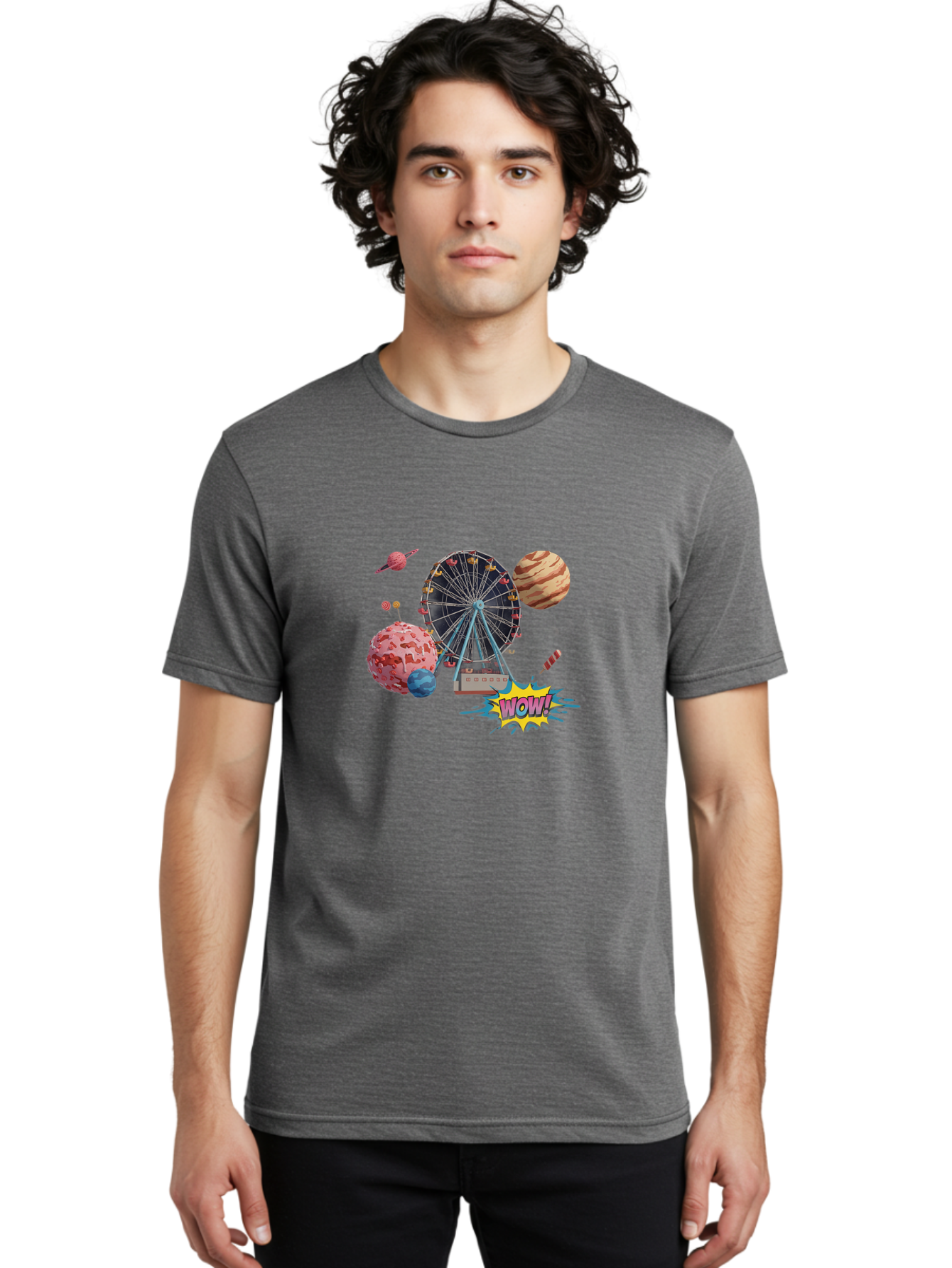 Wow Men'S Graphic Tee, 100% Cotton, Comfortable Casual Summer Wear, Machine Washable, Carnival Ferris Wheel, Planets, Explosion, Comic Speech Bubble, Wow Text, Colorful Illustration, Amusement Park, Whimsical Art, Fantasy Scene, Bad933